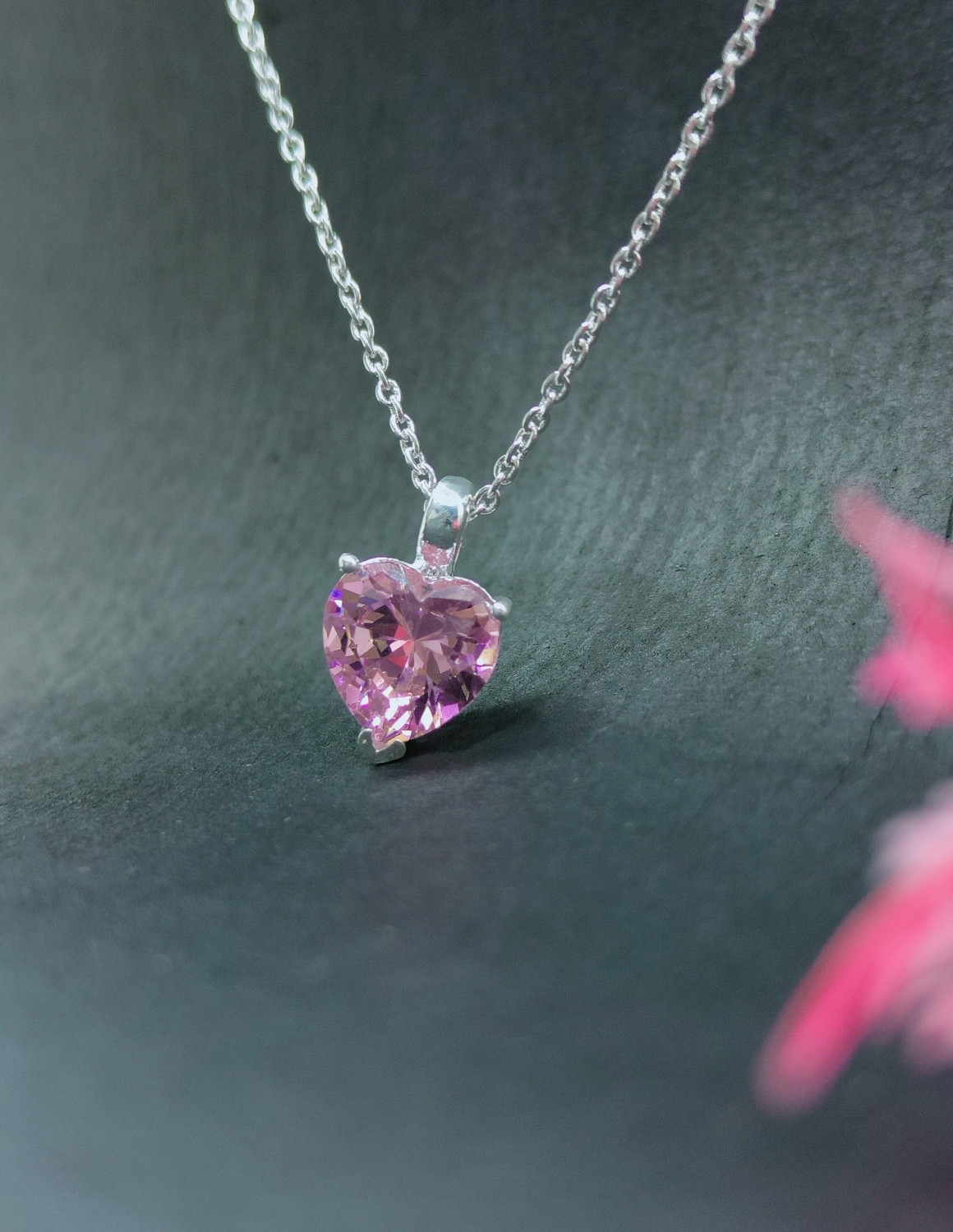 Image of arts on way 925 Pure Silver Chain with Pink Cubic Zirconia Heart Shape Pendant Necklace Cubic Zirconia Sterling Silver Chain