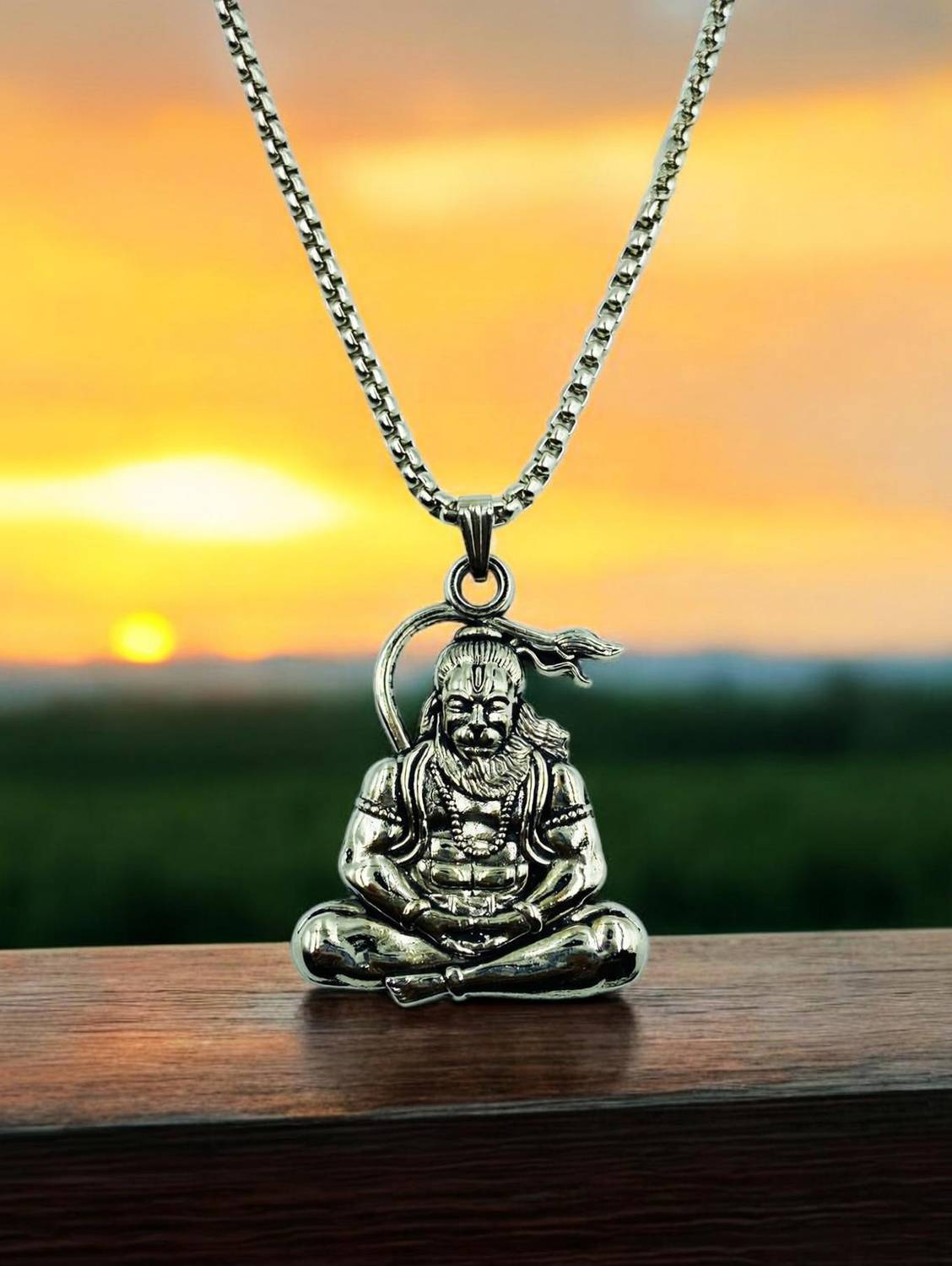 ADORNITY Chain For Men | Lord Hanuman Pendant Locket For Men Boys | Jewellery For Mens Silver Plated Stainless Steel Chain