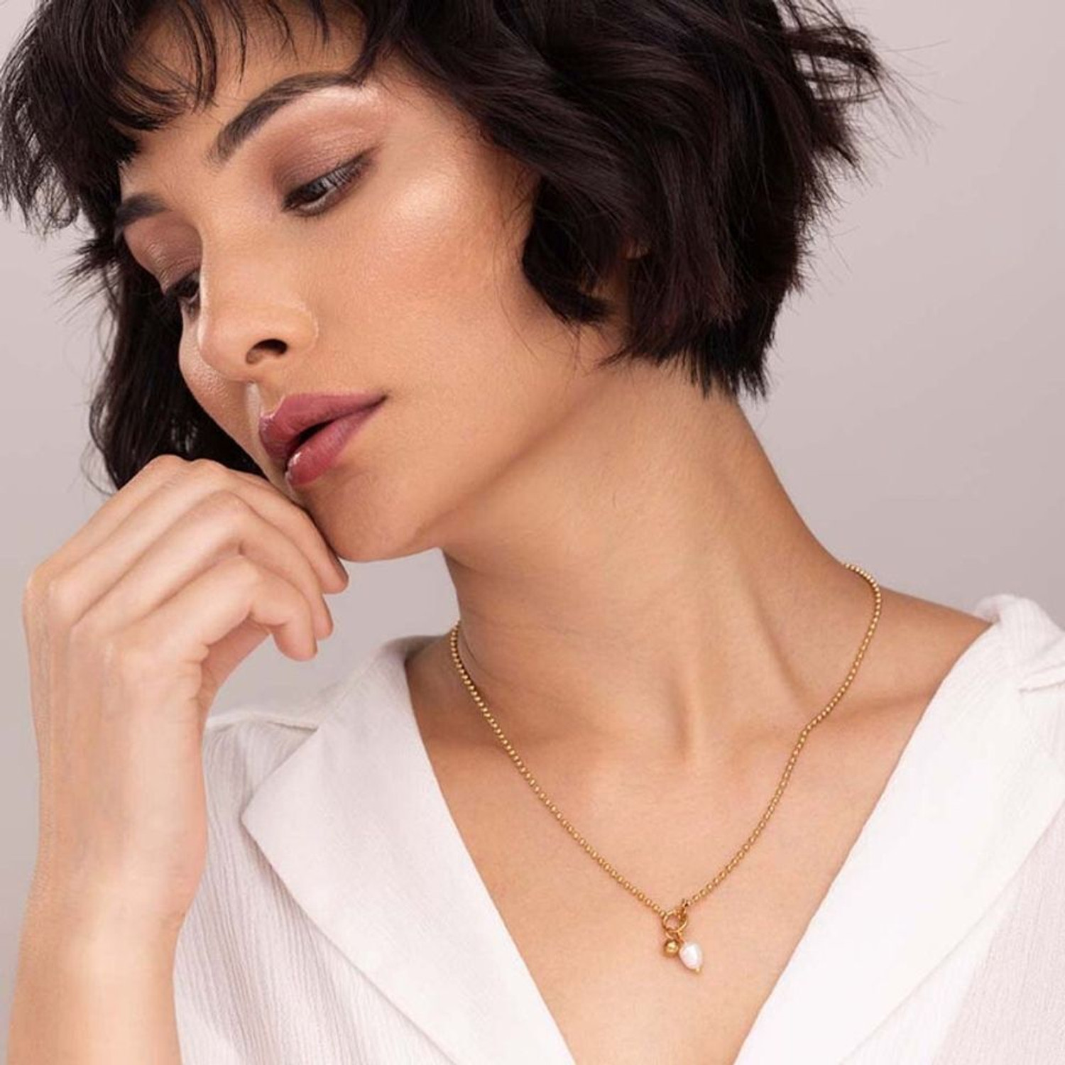 Image of PALMONAS Dainty Beaded Pearl Chain Pearl Gold-plated Plated Stainless Steel Necklace