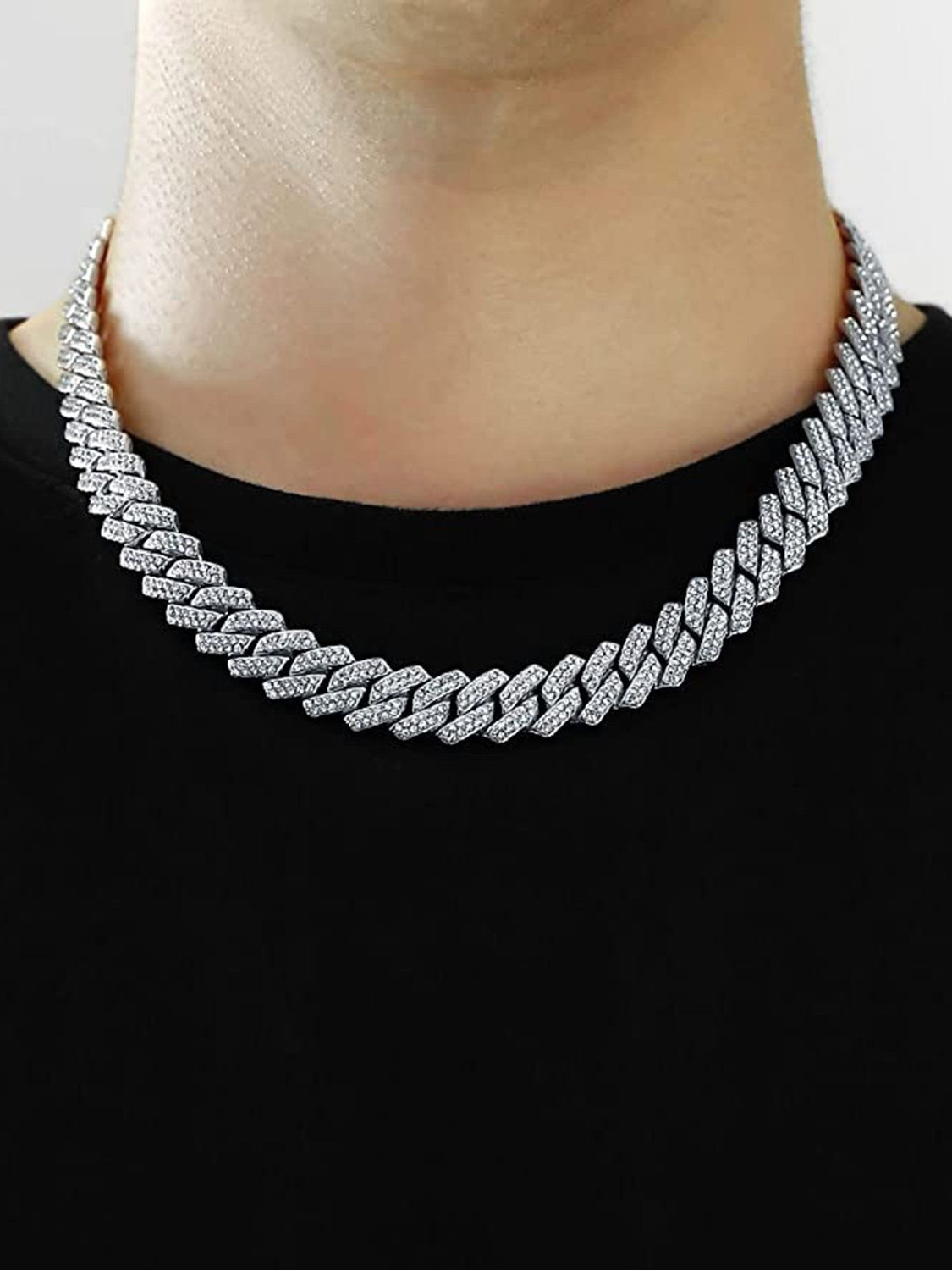 Image of Adoxy Mc Stan Style Link Chain for Men, Women Chain Miami Necklace Iced Out Cubic Zirconia Sterling Silver Plated Stainless Steel Chain