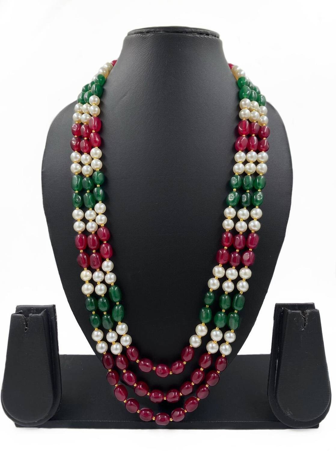 Aamrapali Silver Gems Green & White Gold Pearl Jade Necklace, Green, White, and Gold Pearls with Jade Jade Stone Necklace