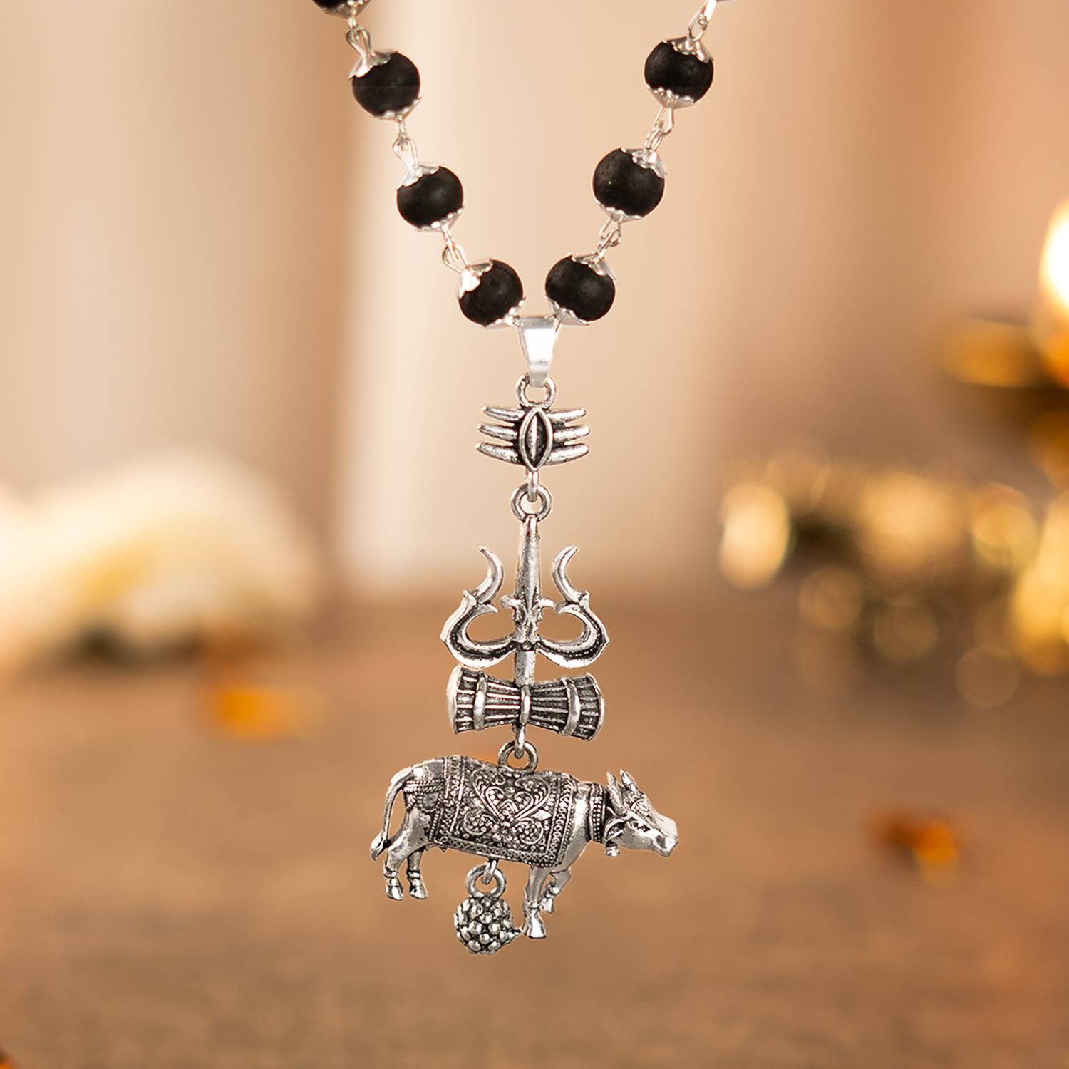Astrotalk Shiv Raksha Karungali Mala with Trishul Nandi Pendant | 54 Beads | Ebony Wood Necklace