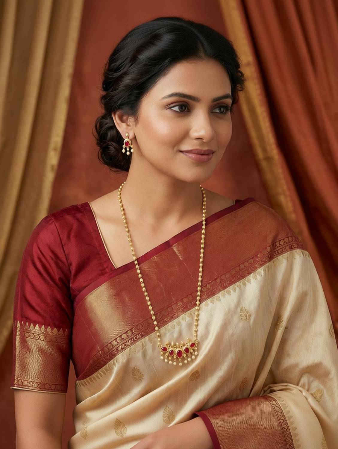 Aaiku 30 Inch Traditional Maharashrian Bormala with Tanmani Pendant and Earrings Gold-plated Plated Copper Necklace Set