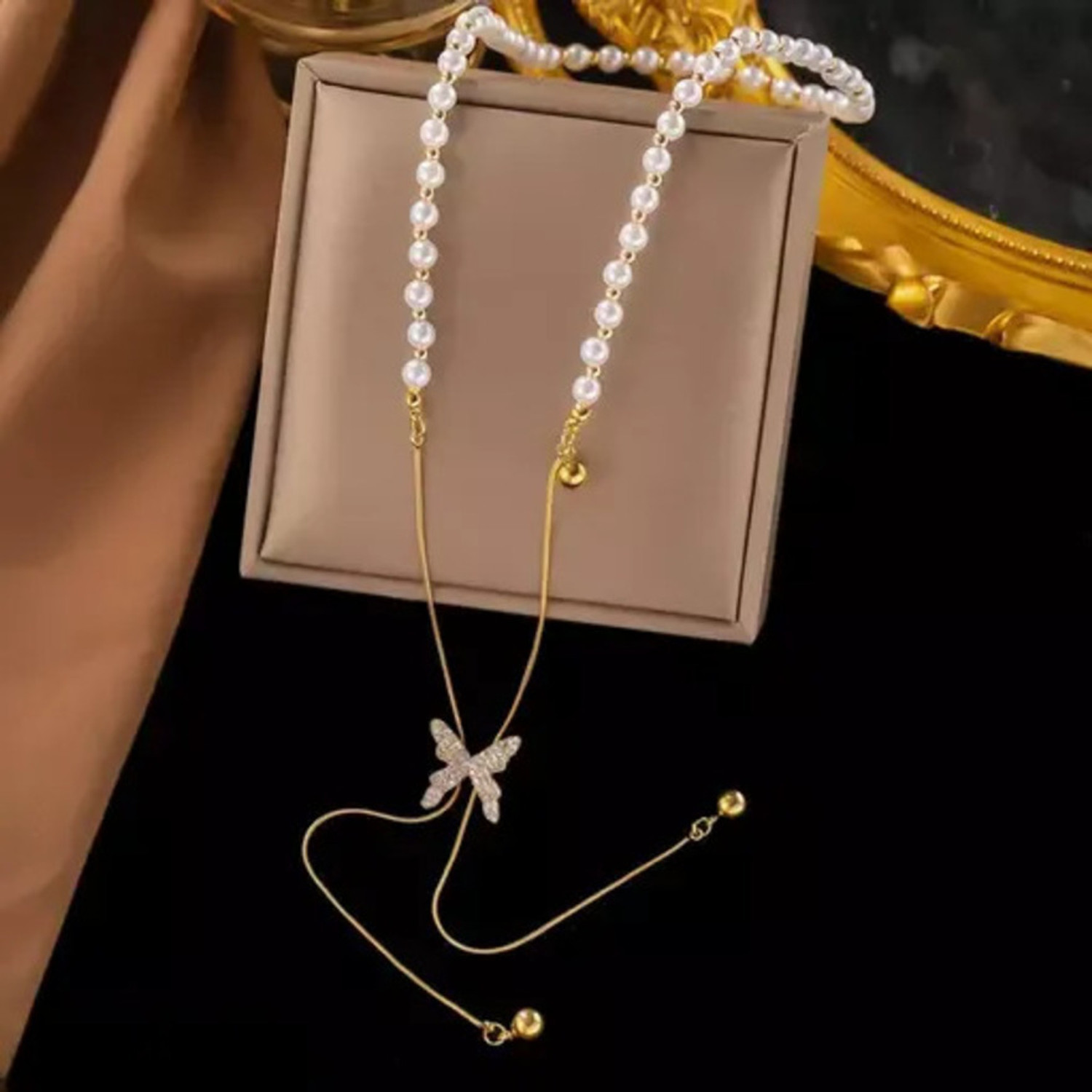 Image of TheVineGirl Golden Chain Pearl Butterfly Chain Necklace For Women Girls Gold-plated Plated Stainless Steel Necklace