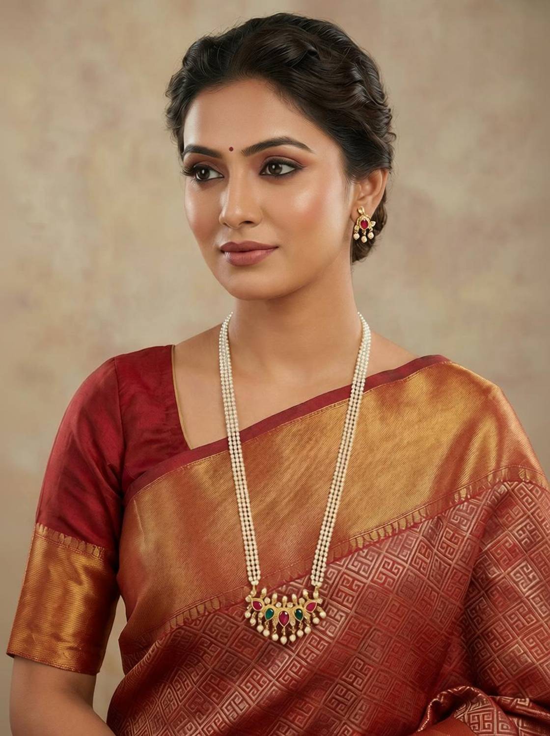 Aaiku 32 Inch 3 Line Pearl Mala with Tanmani Pendant and Earrings Stylish for Women Ruby Gold-plated Plated Copper Necklace Set