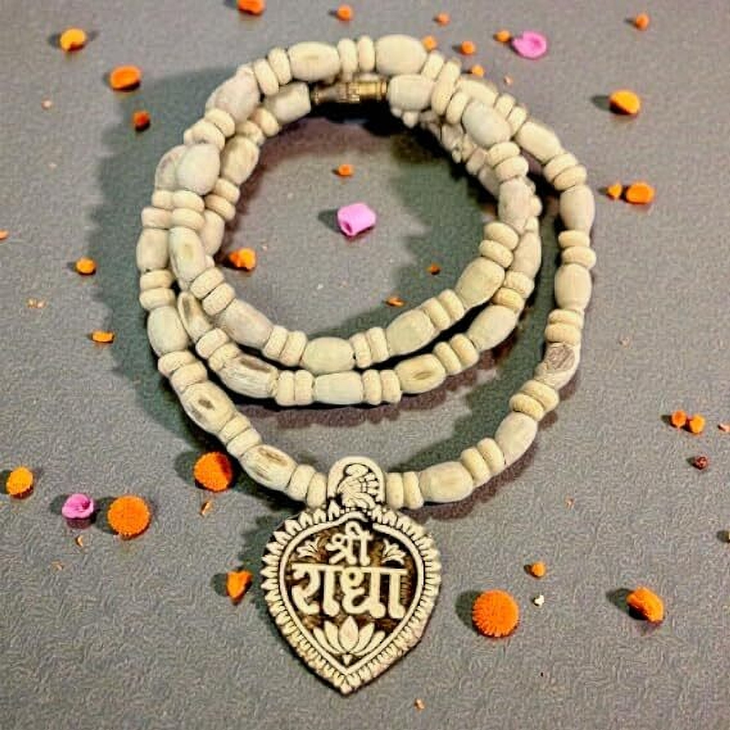 Image of Auracrafters Original Tulsi Mala with Shri Radha Name /Tulsi Beads for Neck, Men, Women Wood Necklace
