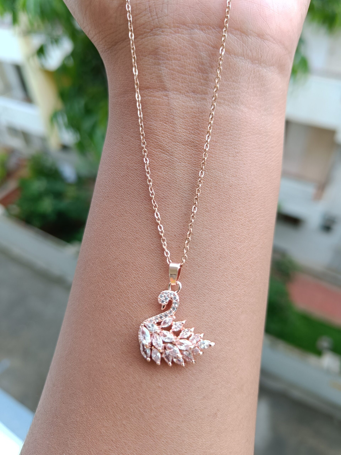 Image of Peprika Rose Gold Plated White crystal Stone Studed Swan Necklace For Girls and women Cubic Zirconia Rhodium Plated Alloy Chain Set