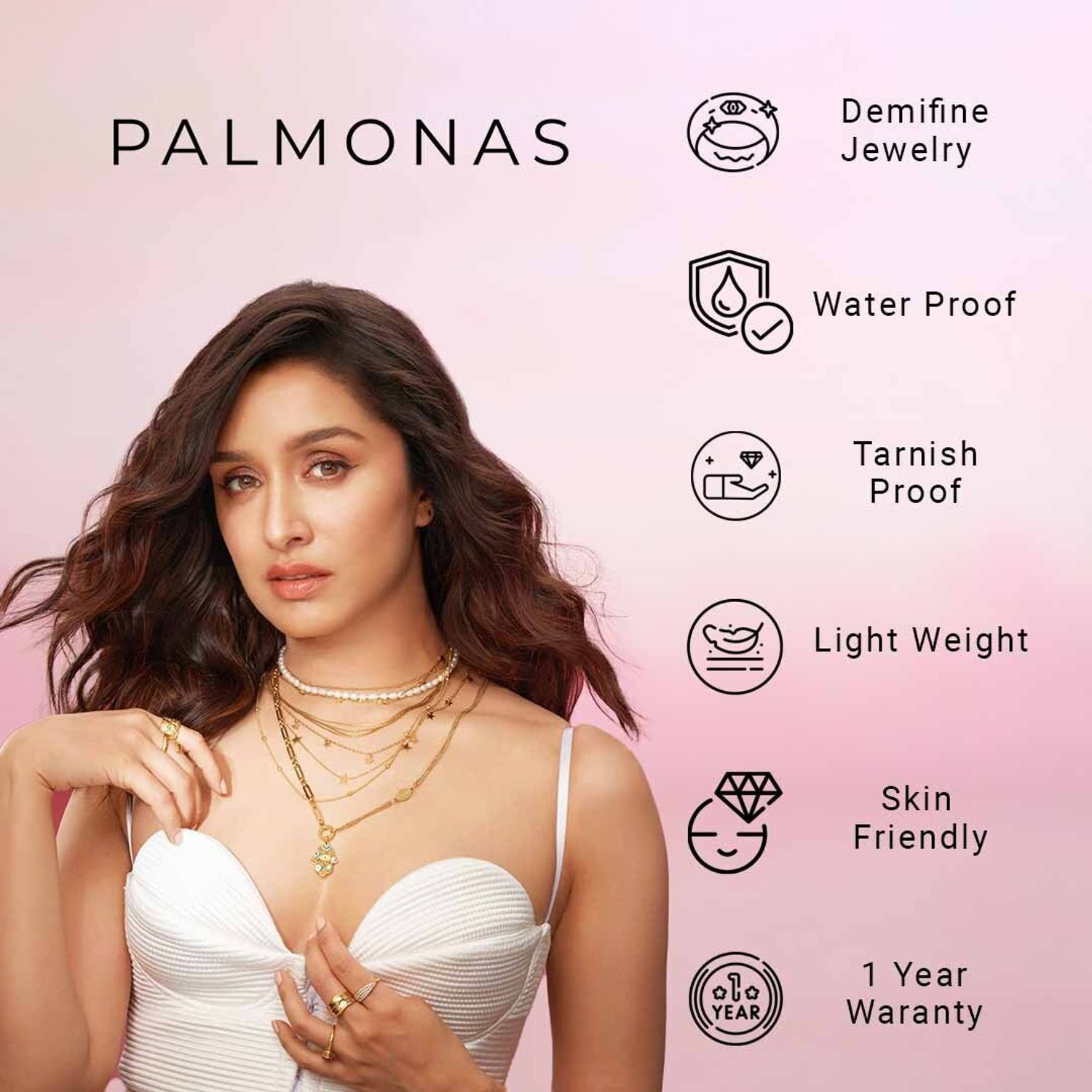 Image of PALMONAS Heart Pendent Gold Chain Necklace Cubic Zirconia Gold-plated Plated Stainless Steel Necklace