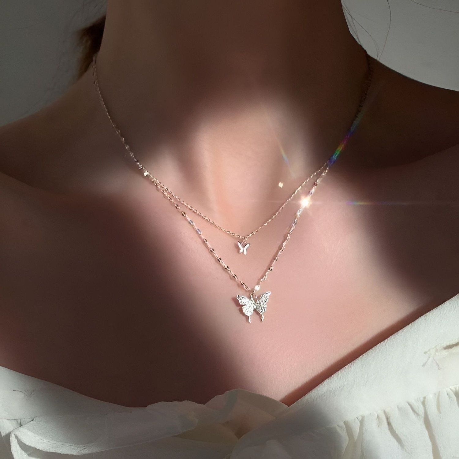Image of silvia 925 Sterling Silver Double Layer Butterfly Pendant Necklace for Women & Girls Rhodium Plated Sterling Silver Necklace