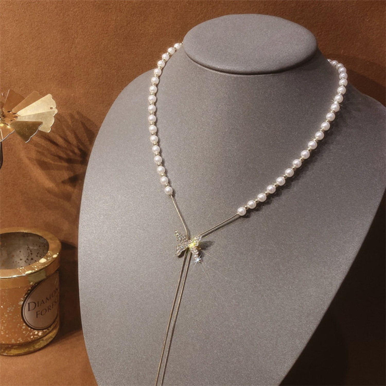 Image of TheVineGirl Golden Chain Pearl Butterfly Chain Necklace For Women Girls Gold-plated Plated Stainless Steel Necklace
