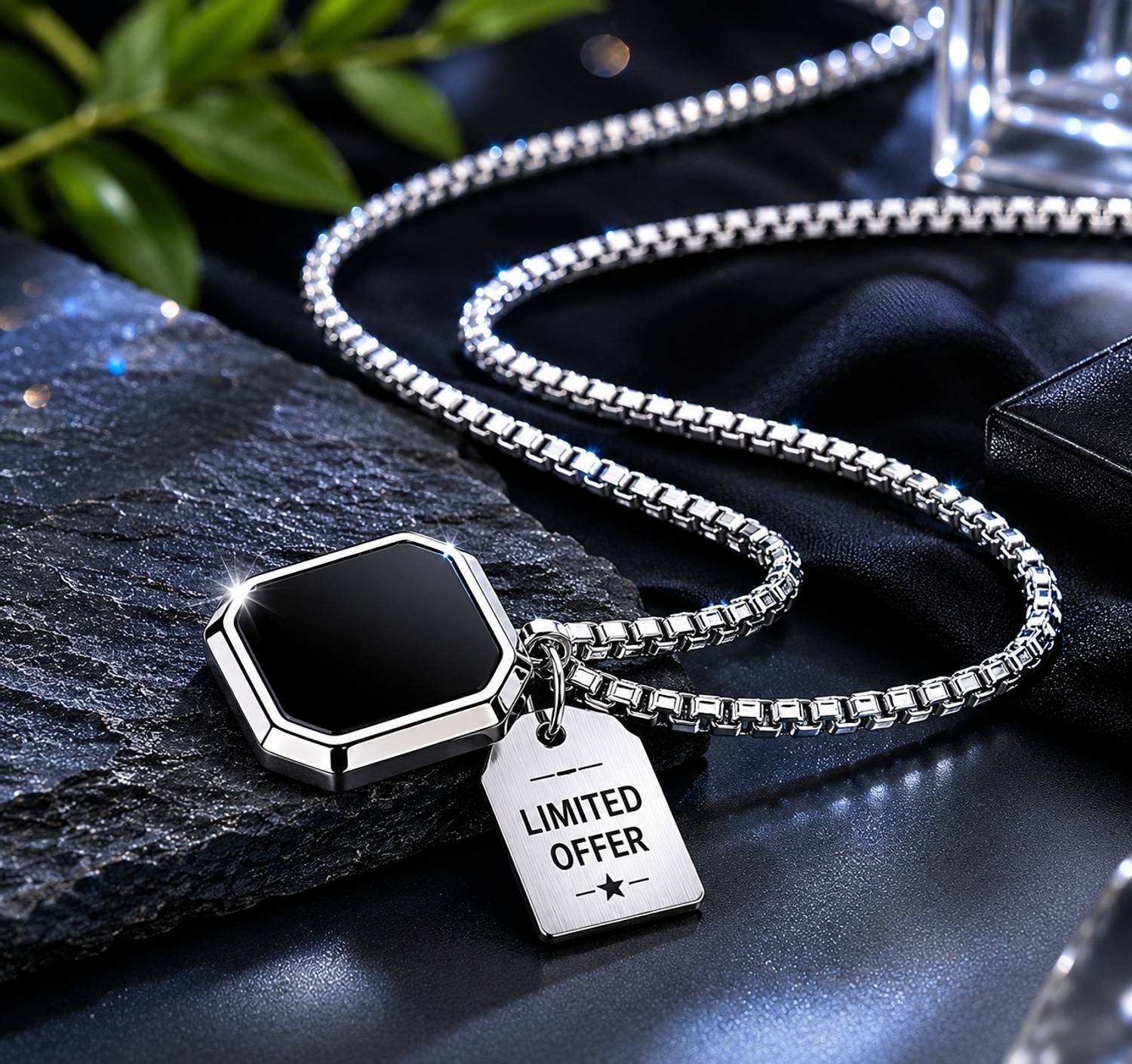Smykker Black Octagon Pendant Silver Plated Stainless Steel Chain - Image 3