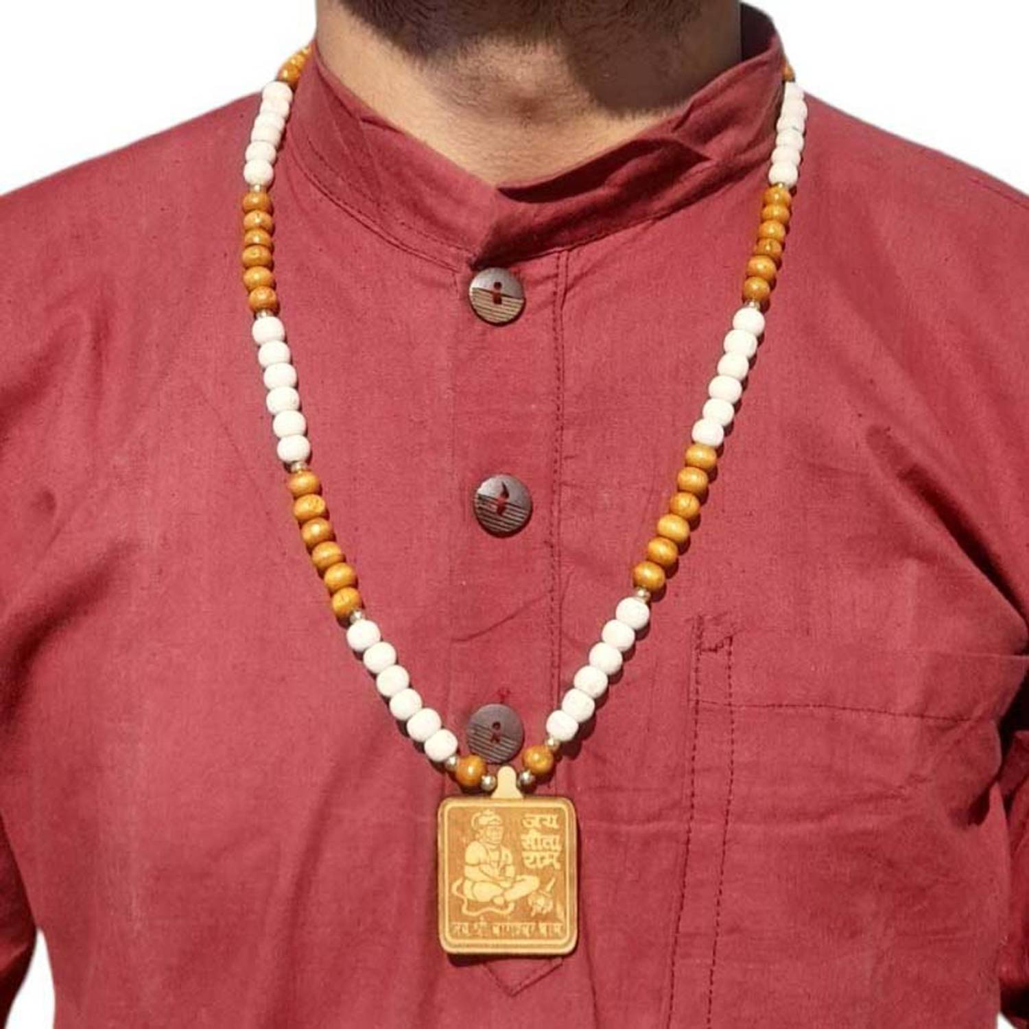 AIKAANT BAGESHWAR DHAM Pendant TULASI-CHANDAN Mala | Bageswar Hanuman REAL Tulsi Mala Wood Necklace