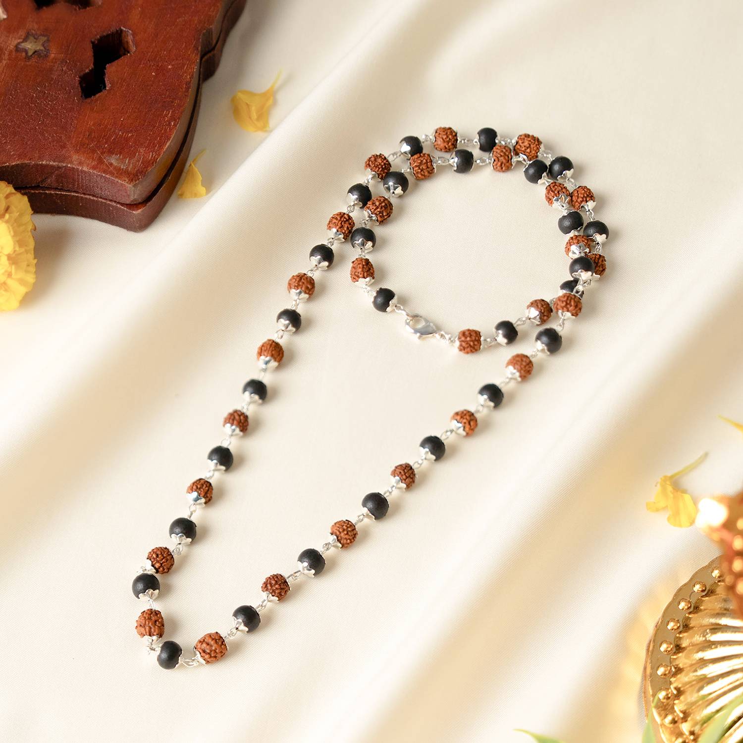 Astrotalk Divya Raksha Rudraksha & Karungali Mala with Silver Capping | Sterling Silver Plated Wood, Rudraksha Necklace