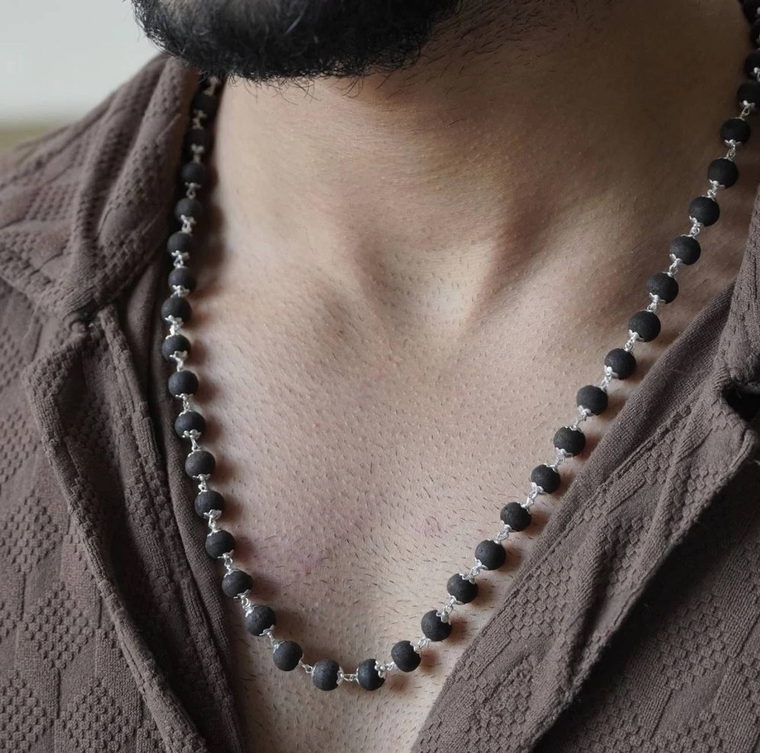 Airtick 8mm Karungali Beads Silver Chain Mala Ebony Wood Malai For Stress Relief,Healing Stone, Wood, Rudraksha Chain