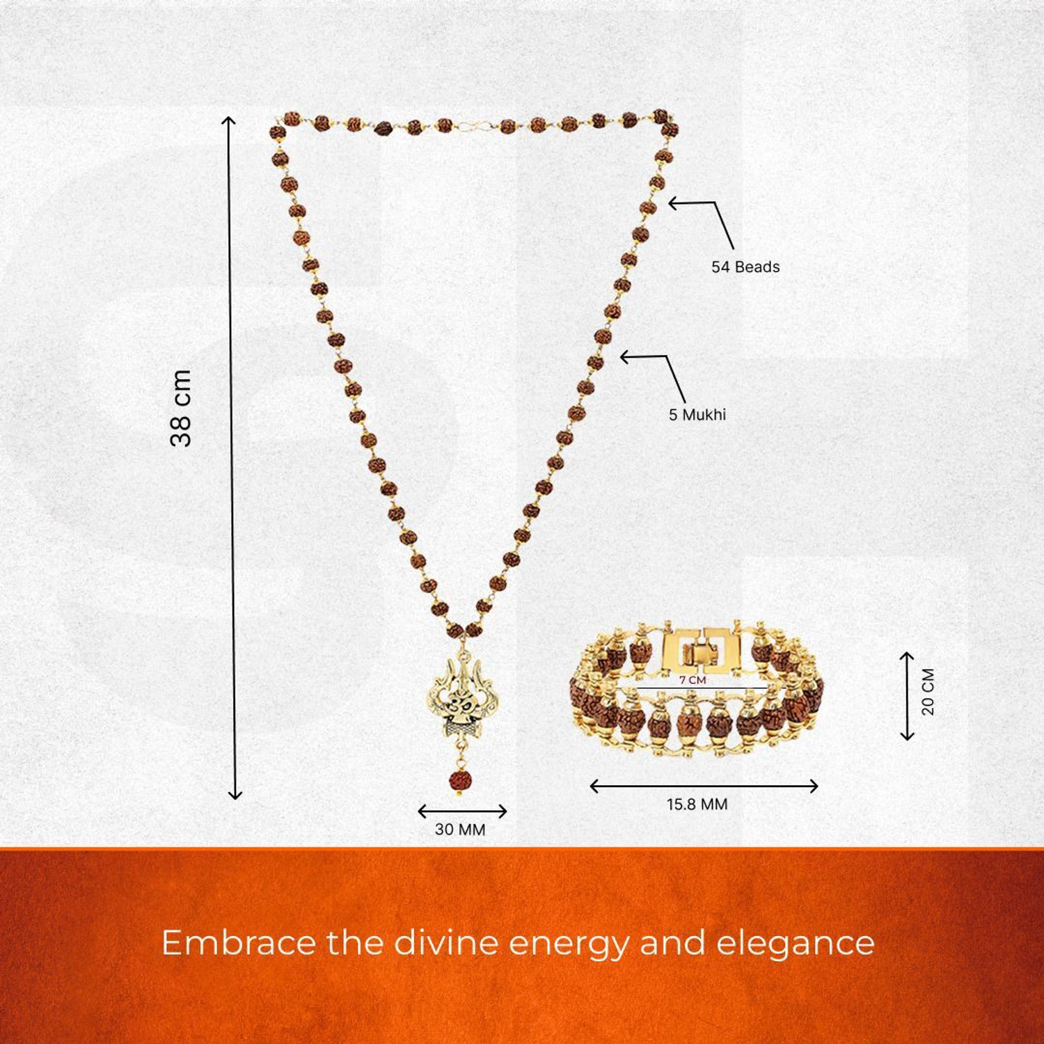 Image of DIVINE HINDU Gold Plated Om Shiva 54 Bead Trishool Necklace | Rudraksha Brown Bracelet Combo Gold-plated Plated Wood Necklace
