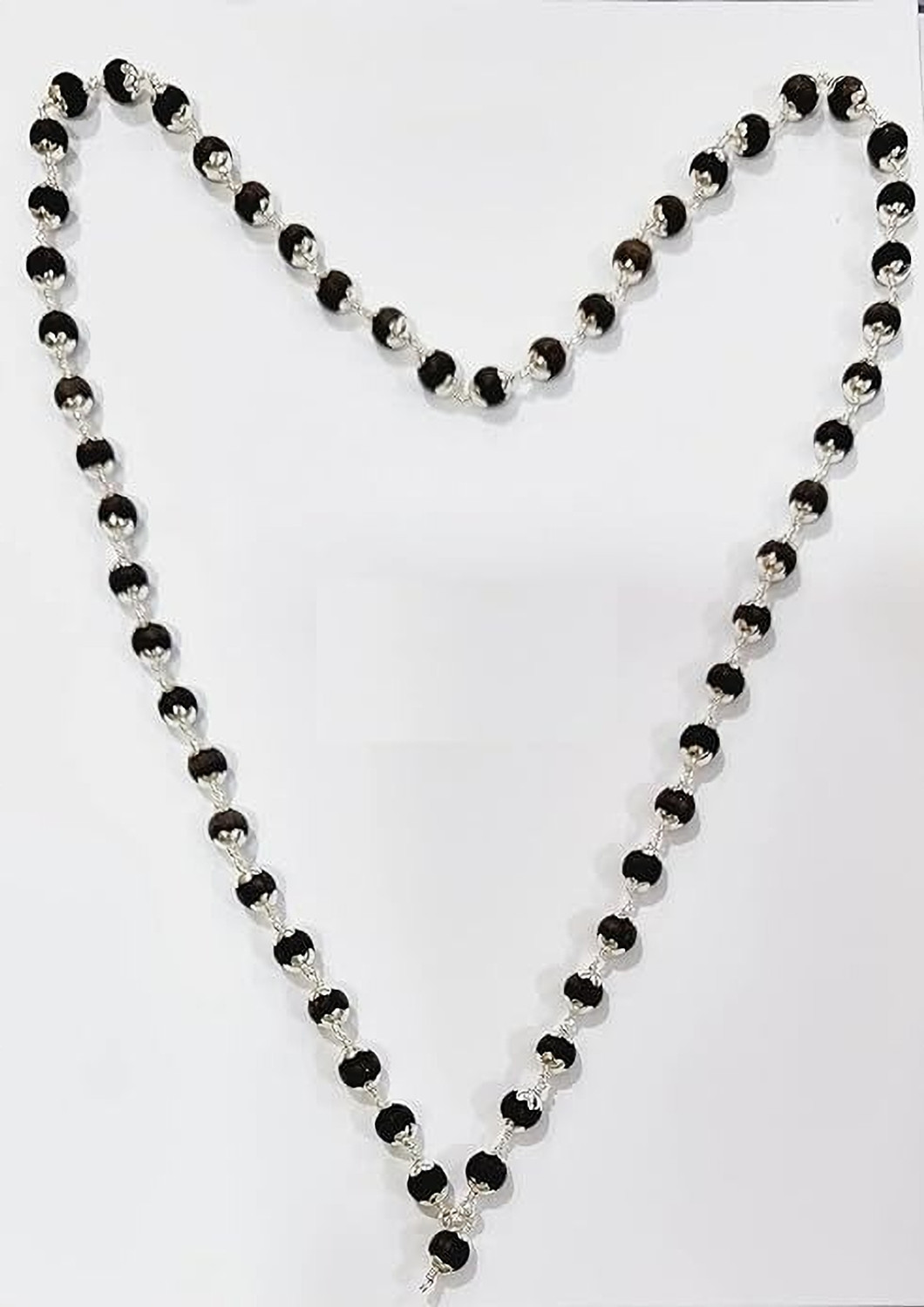 Image of Divine Drishti Silver Plated Original Karungali Malai 54 +1-Beads Ebony Wood with Certificate Wood Chain
