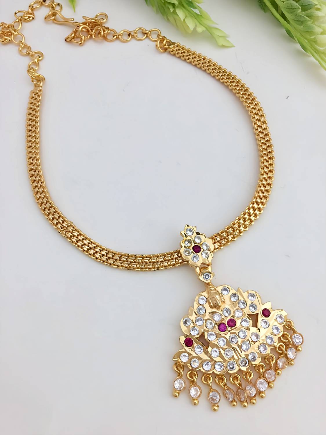 ACHU JEWELS Micro Gold Plated Attigai Cubic Zirconia,  Gold-plated Plated Brass Necklace