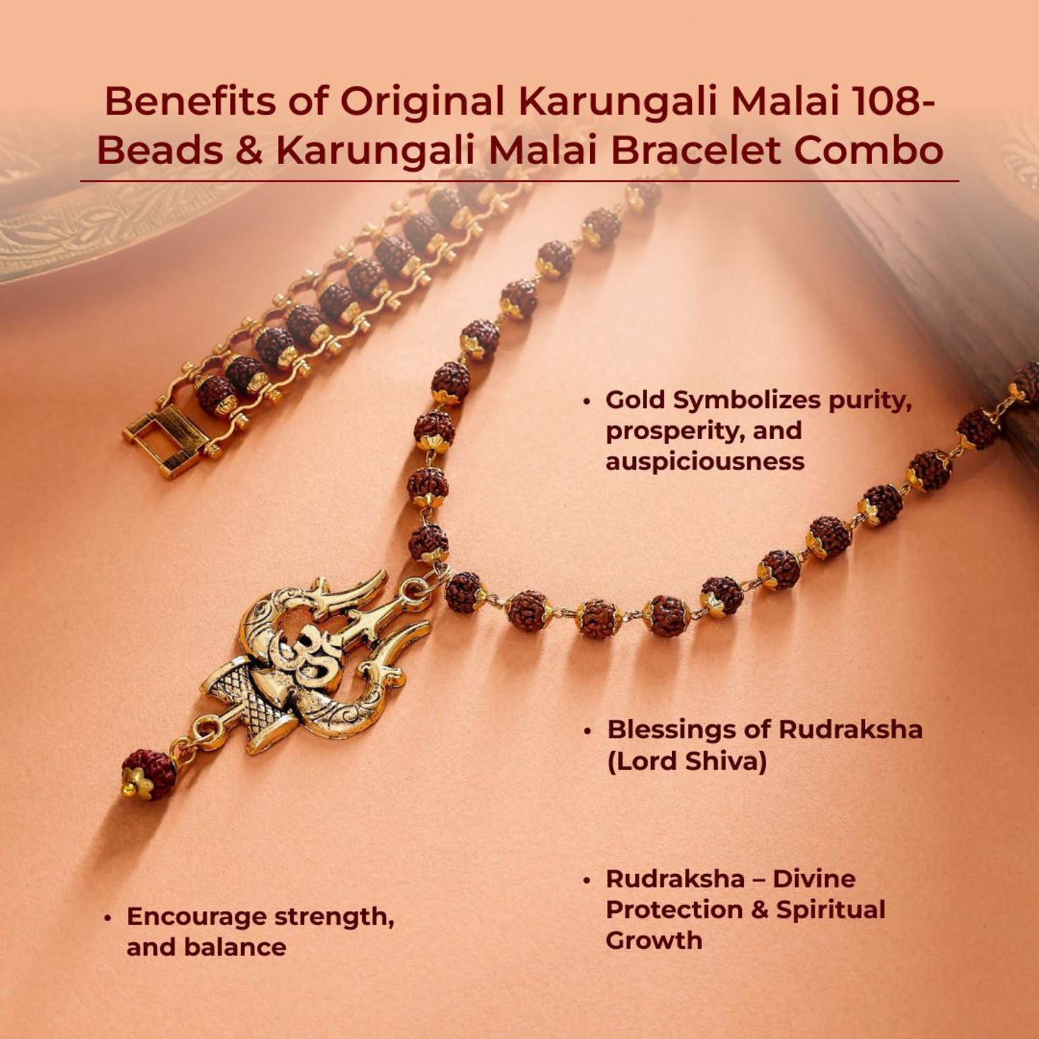 Image of DIVINE HINDU Gold Plated Om Shiva 54 Bead Trishool Necklace | Rudraksha Brown Bracelet Combo Gold-plated Plated Wood Necklace