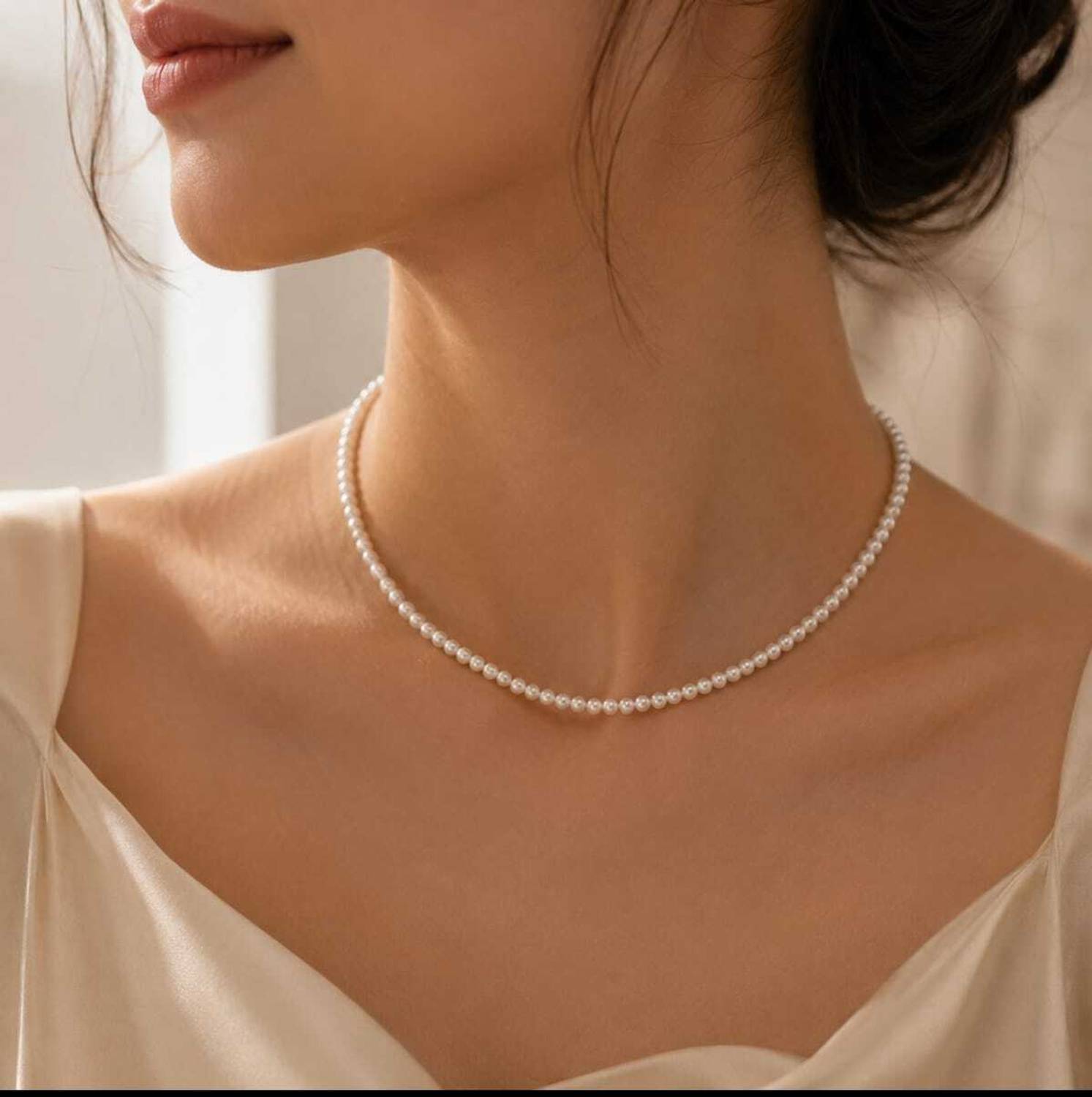Algita Elegant White Pearl Choker Pearl Crystal Necklace