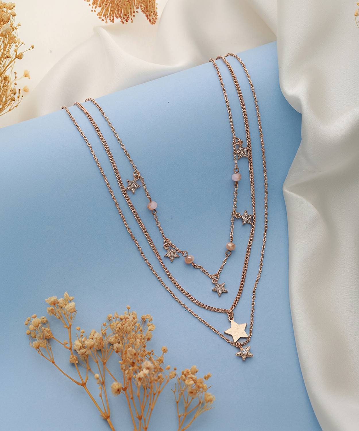 AATMANA Rose Gold-Plated Star & Pearl Studded Layered Necklace Cubic Zirconia Rhodium Plated Brass Necklace