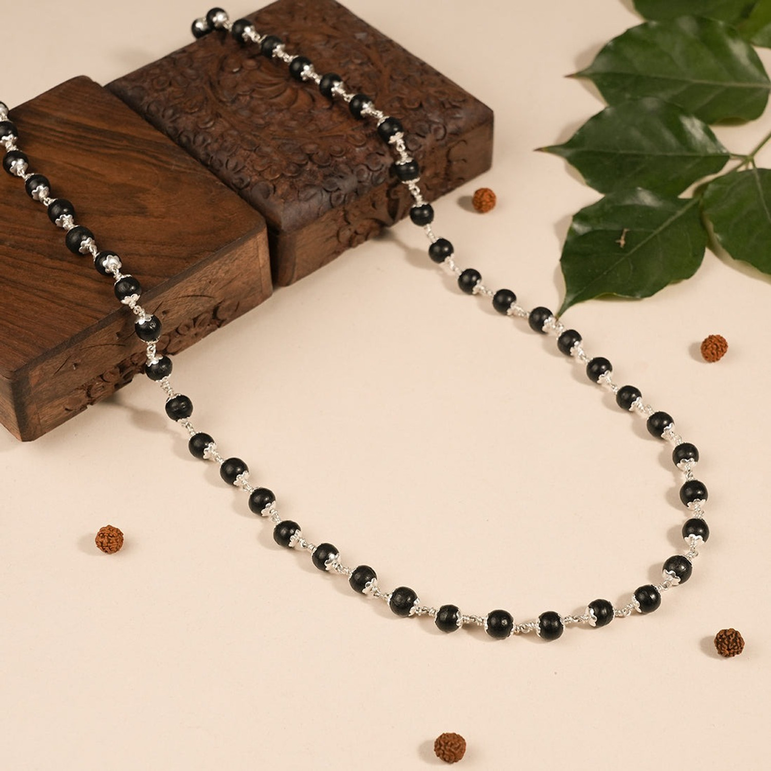 Image of Divine Drishti Silver Plated Original Karungali Malai 54 +1-Beads Ebony Wood with Certificate Wood Chain