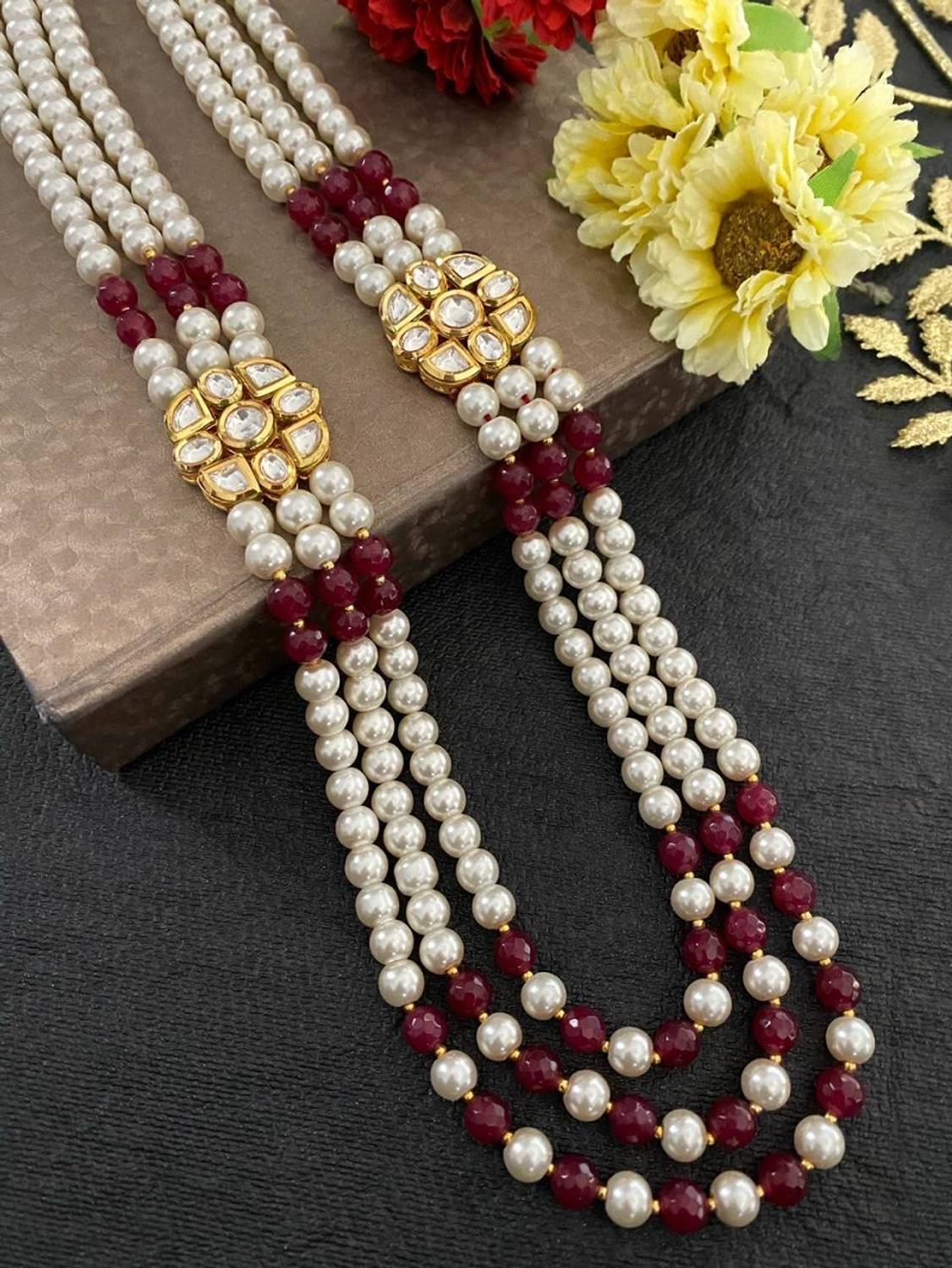 Beaded Layered Pearl & Quartz White Beaded Necklace for women - 18-20 Inches- 3 Line Pearl Stone Necklace