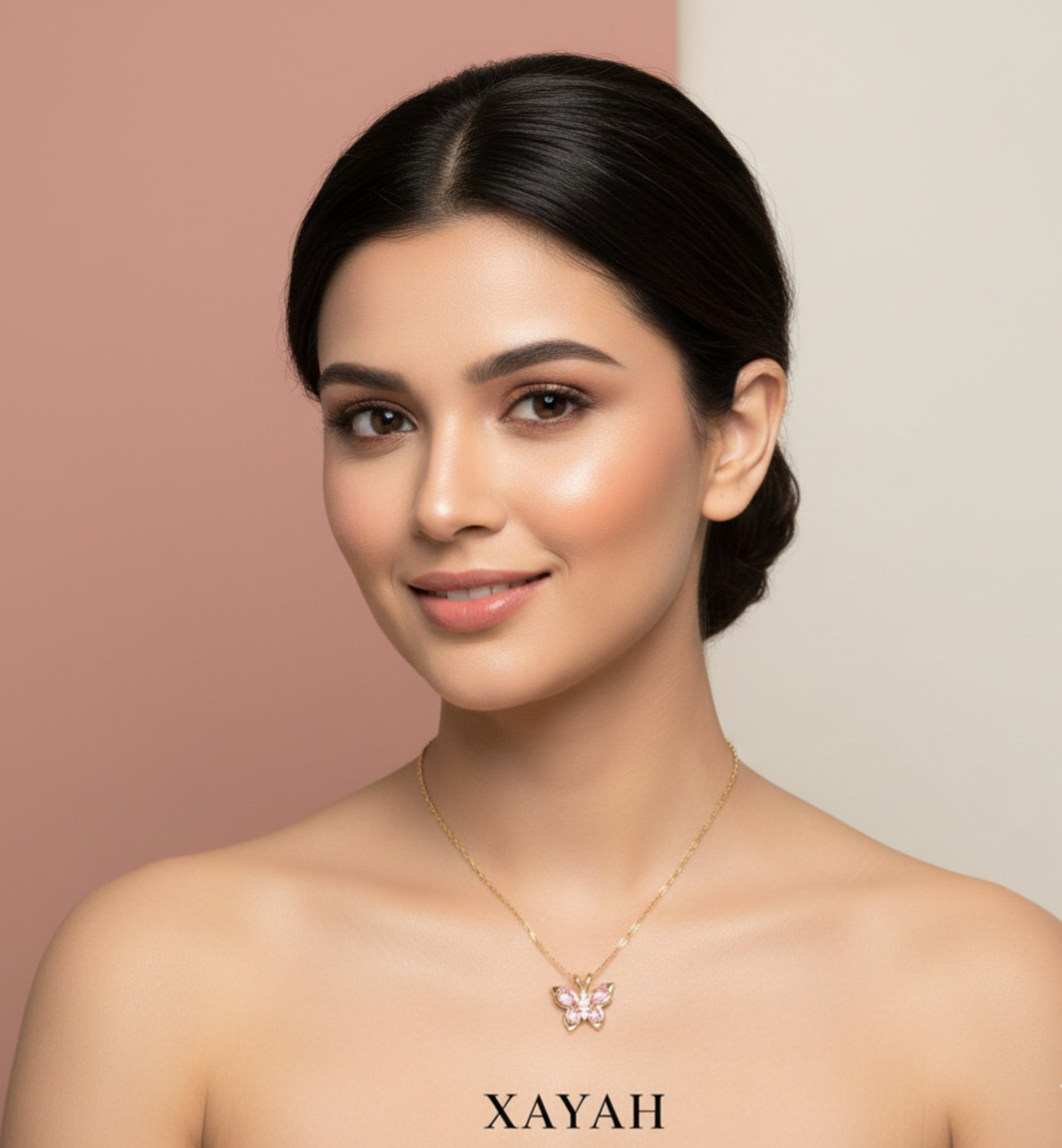 Image of XAYAH Anti Tarnish Gold Plated Pink Butterfly Pendant Dailywear Necklace Crystal Gold-plated Plated Stainless Steel Necklace
