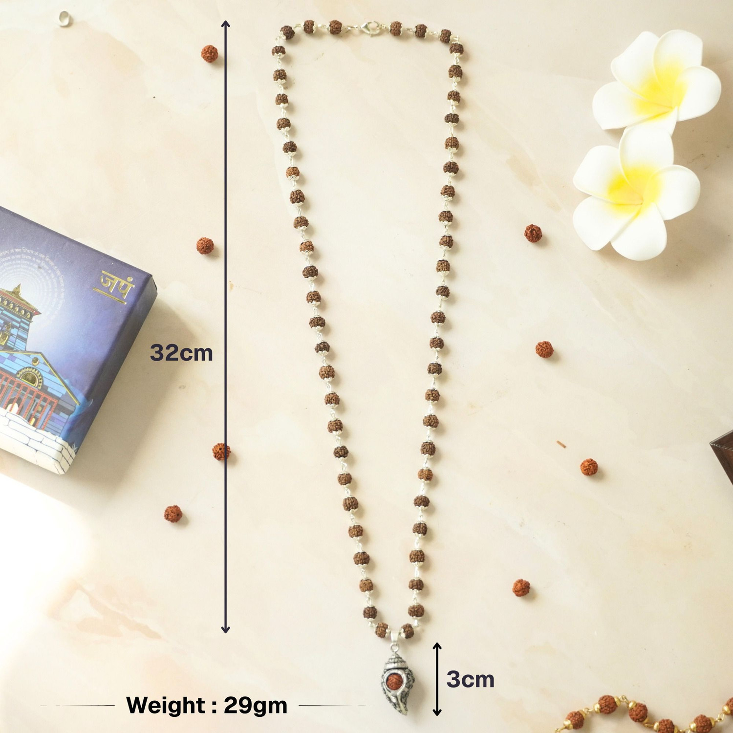Image of Japam Silver Plated Shiv Shankh Pendant Mala for Spiritual Protection Rudraksha Necklace
