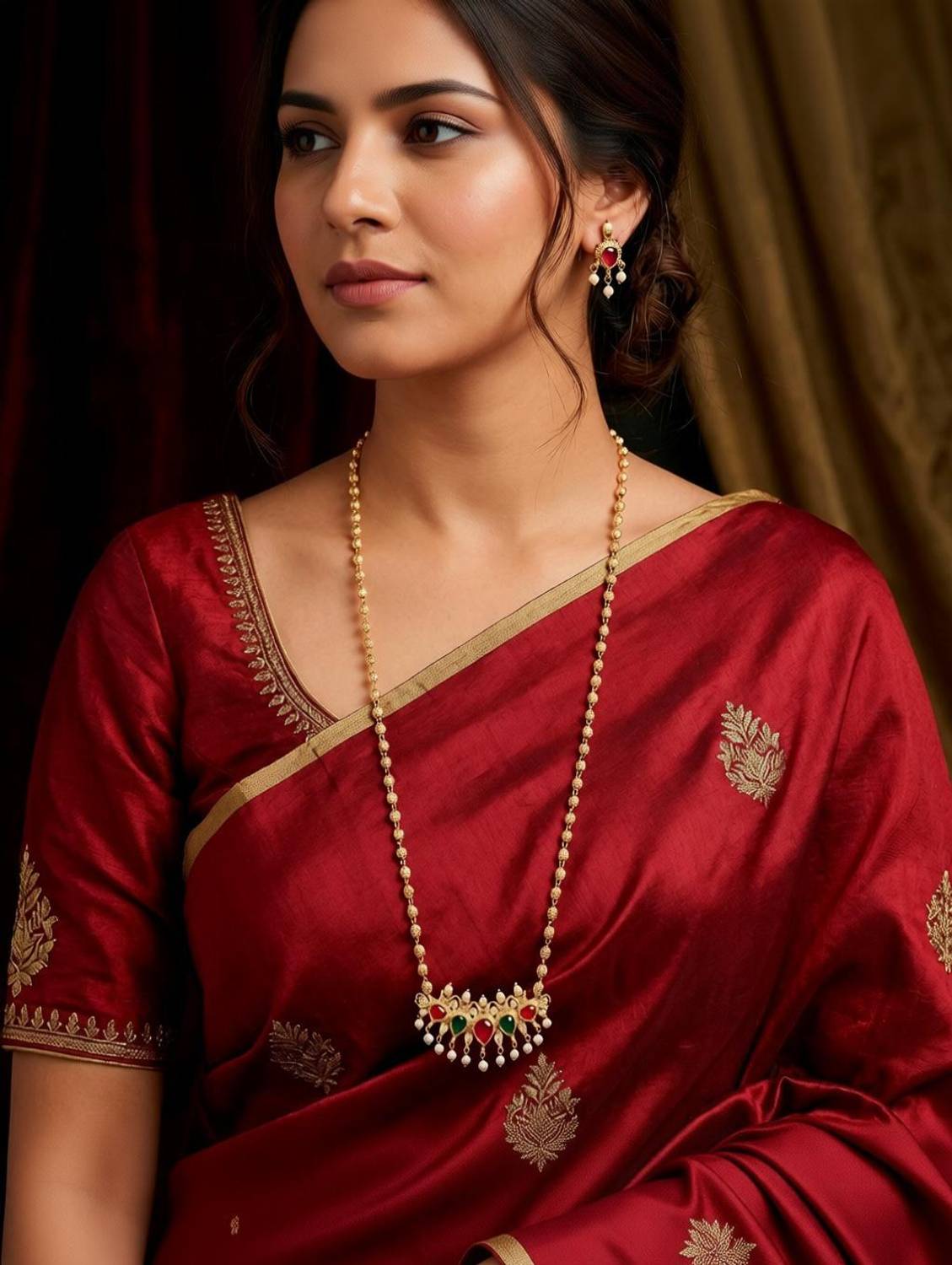Aaiku 30 Inch Traditional Maharashrian Bormala with Tanmani Pendant and Earrings Gold-plated Plated Copper Necklace Set
