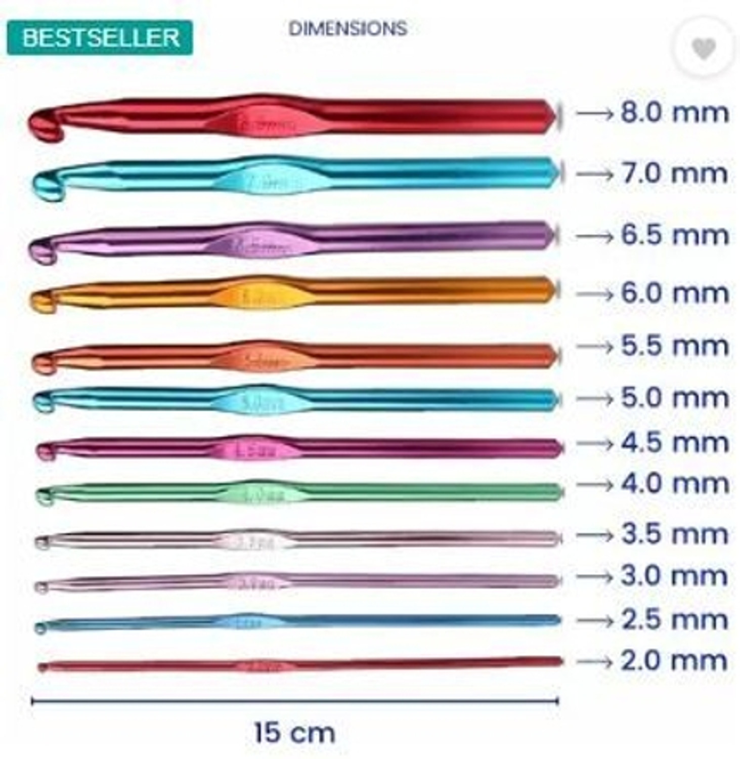 Image of HINSHITSHU Crochet Hook Set - 12 Pcs (2mm to 8mm) | Multi-Color Aluminium Knitting Needles Hand Sewing Needle