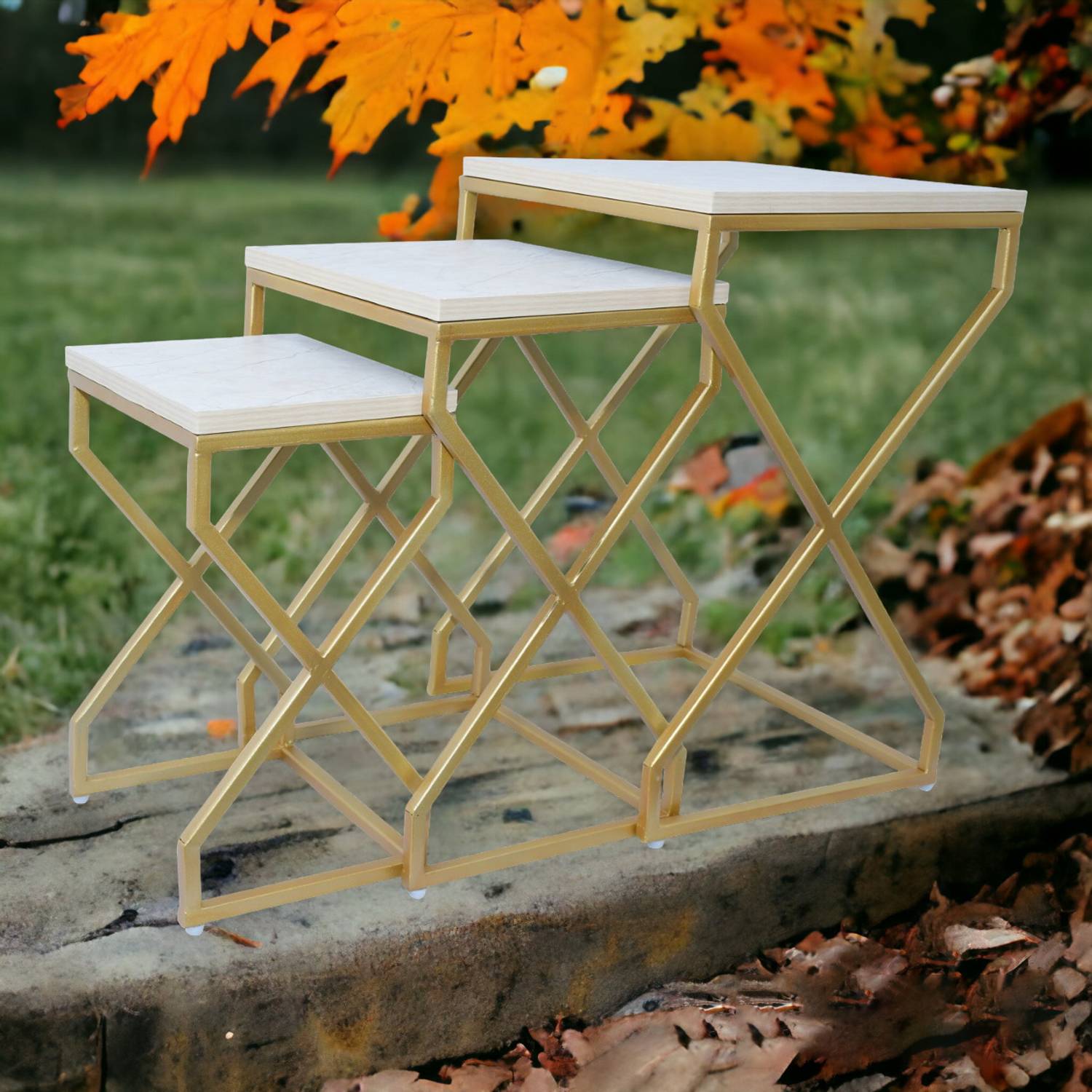 Anishwar Metal Frame Wooden Top Nesting Table Set Decoration for Home and Office Engineered Wood Nesting Table