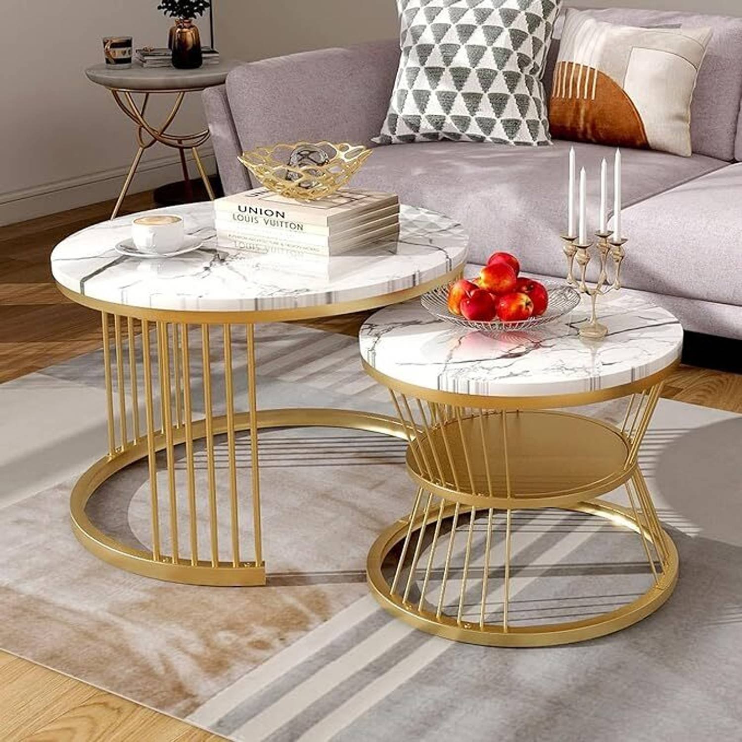 BESTQUALITY Round Nesting Tables Set of 2 Table with Stable Metal Frame for Living Room Metal Nesting Table