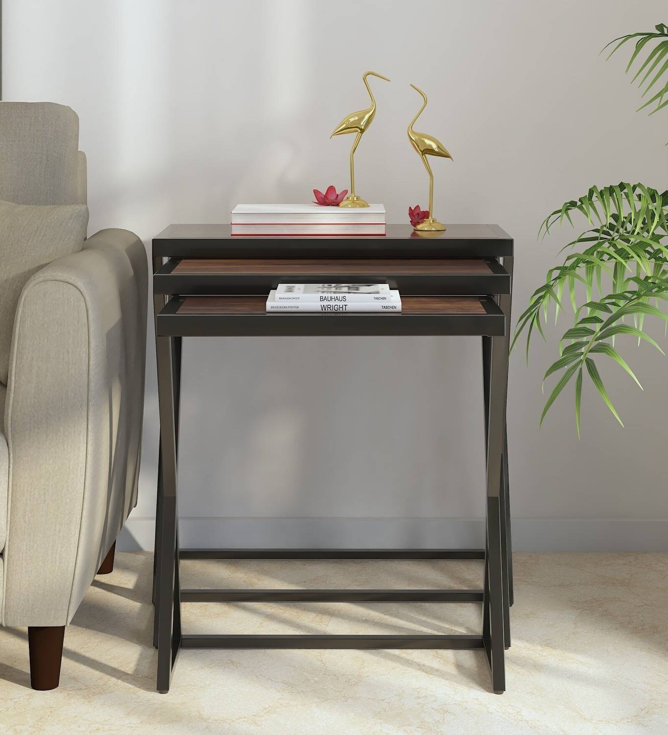 Anishwar Metal Frame Wooden Top Nesting Table Set Decoration for Home and Office Metal Nesting Table