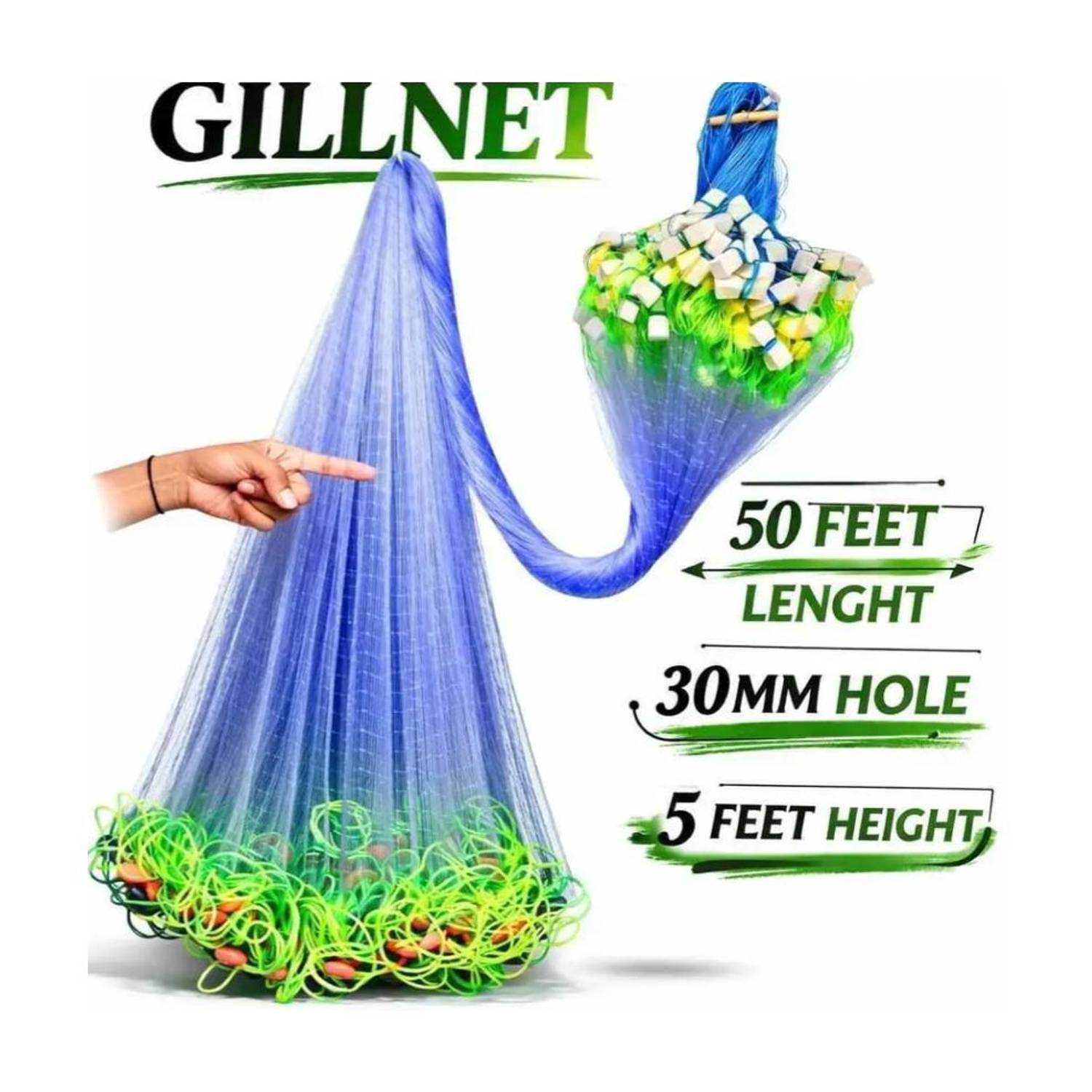 AhmedFishNet 1 Finger 30mm Mesh size Gillnet Height 5feet Fishing Net