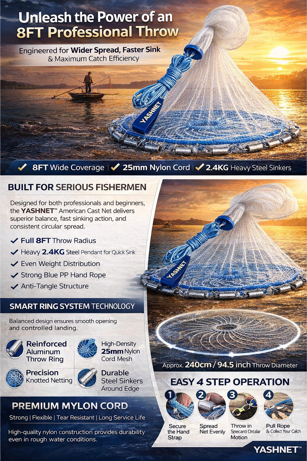 Image of NETKING 8Ft American Cast Net | 25mm 0.23 Mono | 2.5Kg Sinker Fishing Net (Multicolor)