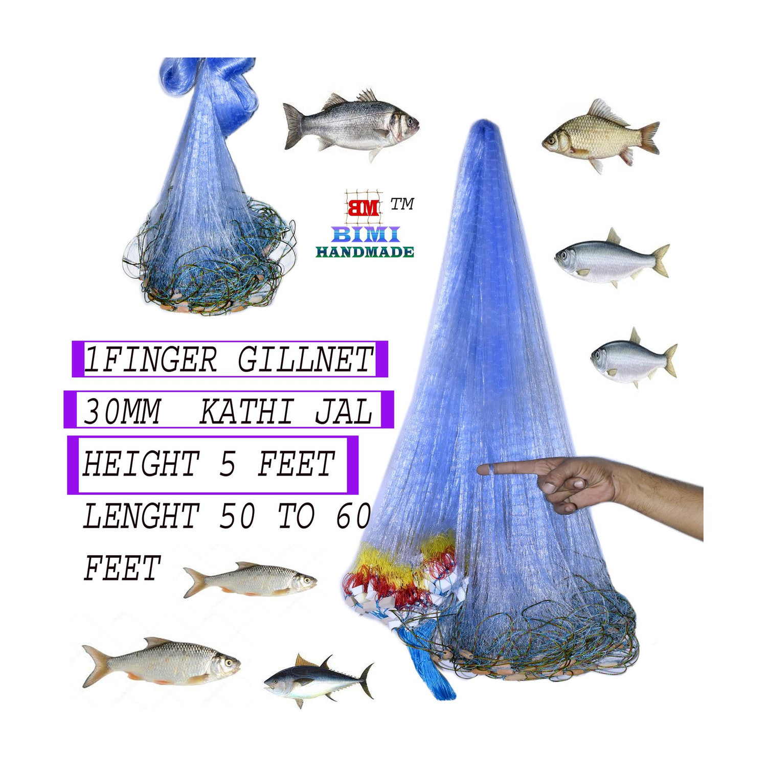 Image of BIMI HANDMADE 1 Finger 30 Mm Kathi Jal Fishing Net (Blue)