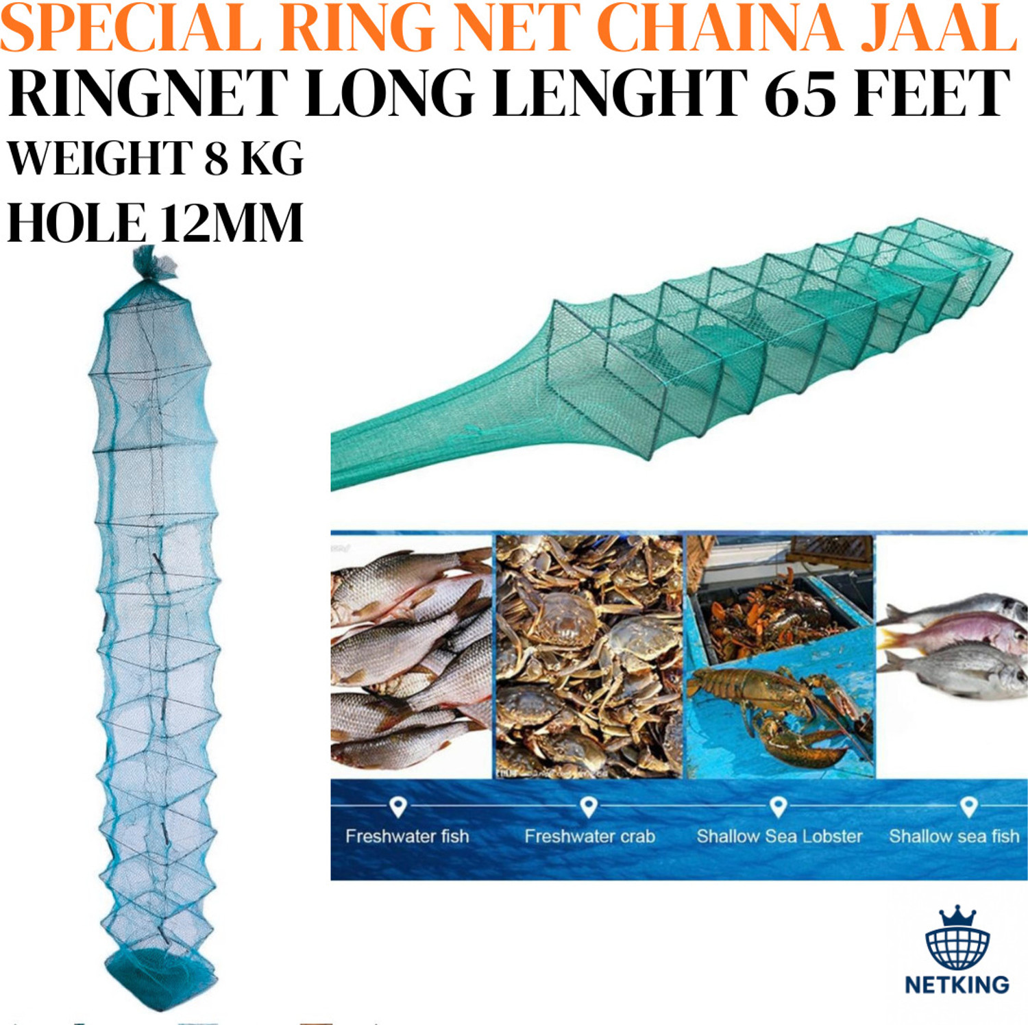 Image of NETKING Special Ring Net China Jaal 12mm Mesh | 8.5kg | 65ft Length | 51 PVC Rings Fishing Net