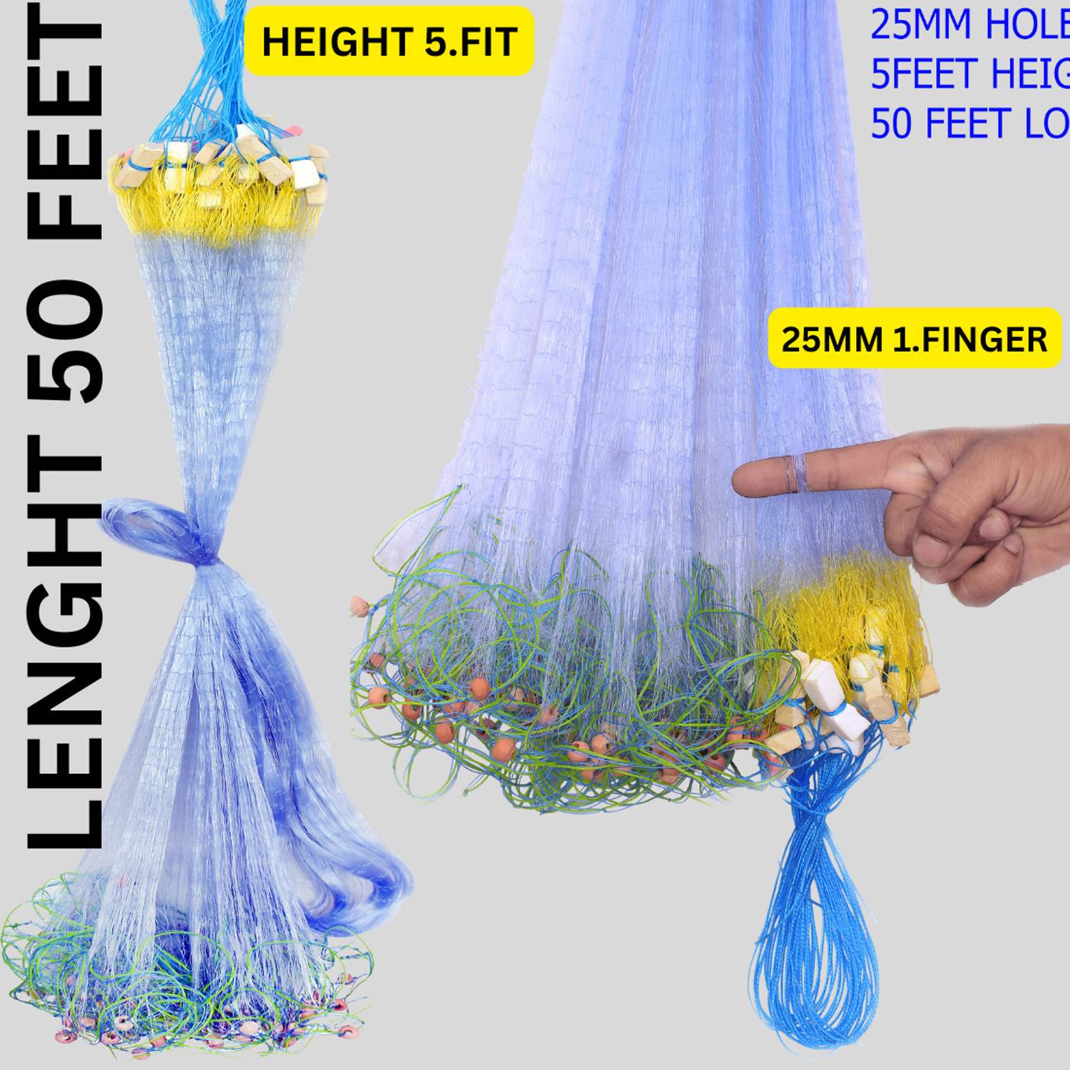 YASHNET Gillnet 1 Finger 25mm Hole 50 Feet - Image 1