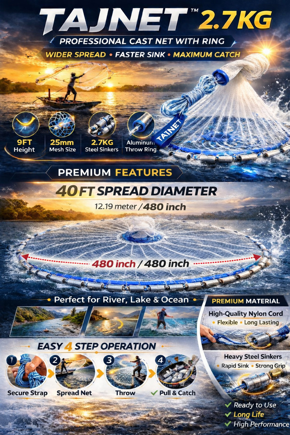 Image of TAJNETS 9Ft American Cast Net | 25mm 0.23 Mono | 2.7Kg Sinker Fishing Net (White)