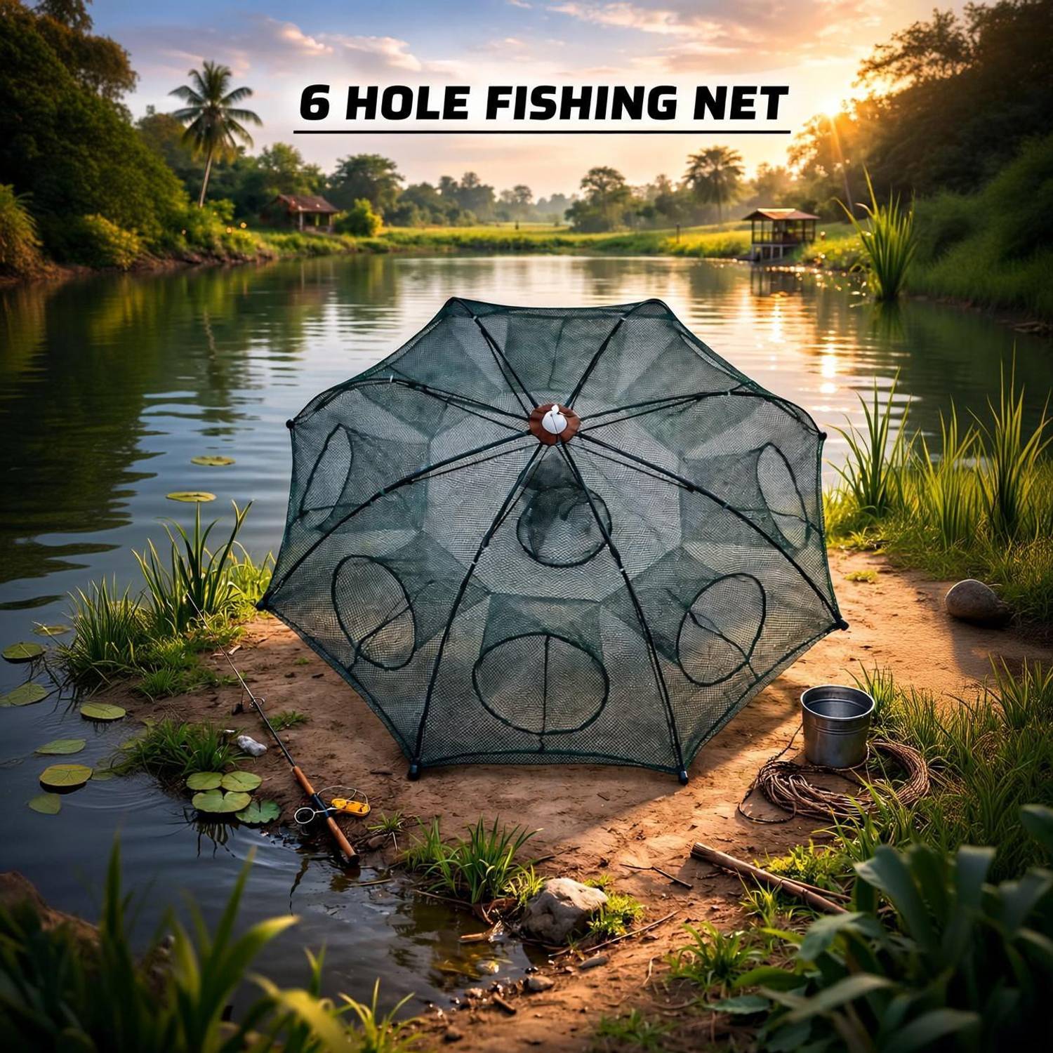 AhmedFishNet 6 Pocket 6mm Mesh Foldable Trap for Fish Crab & Shrimp Fishing Net (Green) Fishing Net