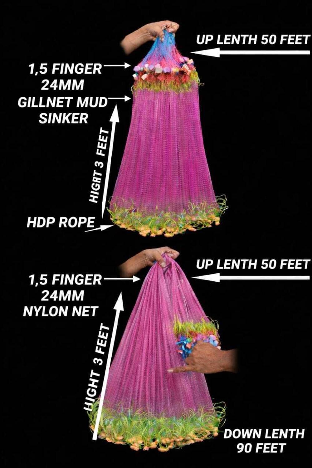 AhmedFishNet 1.5 Finger GILLNET, 24mm MESH SIZE, HEIGHT-3feet, LENGTH-50-60feet (Pink,Green) Fishing Net
