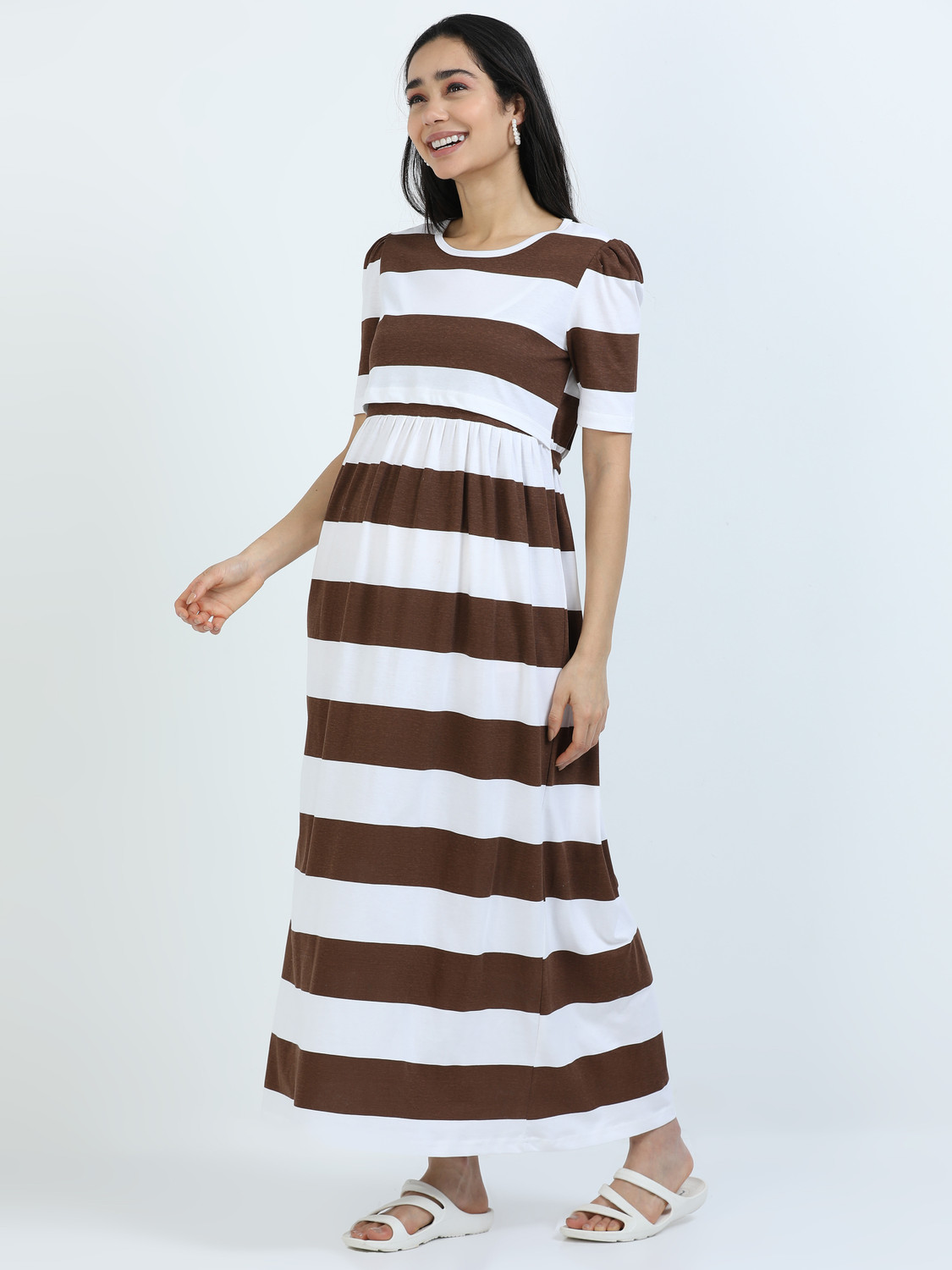Image of Kavee Fashion Women Maternity /Nursing Nighty (Brown, White)