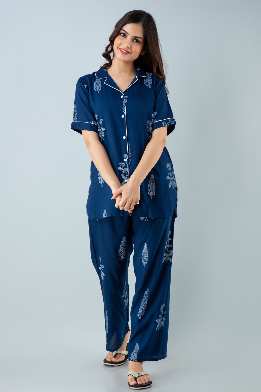 Image of METRONAUT Women Shirt & Pyjama set Blue Printed