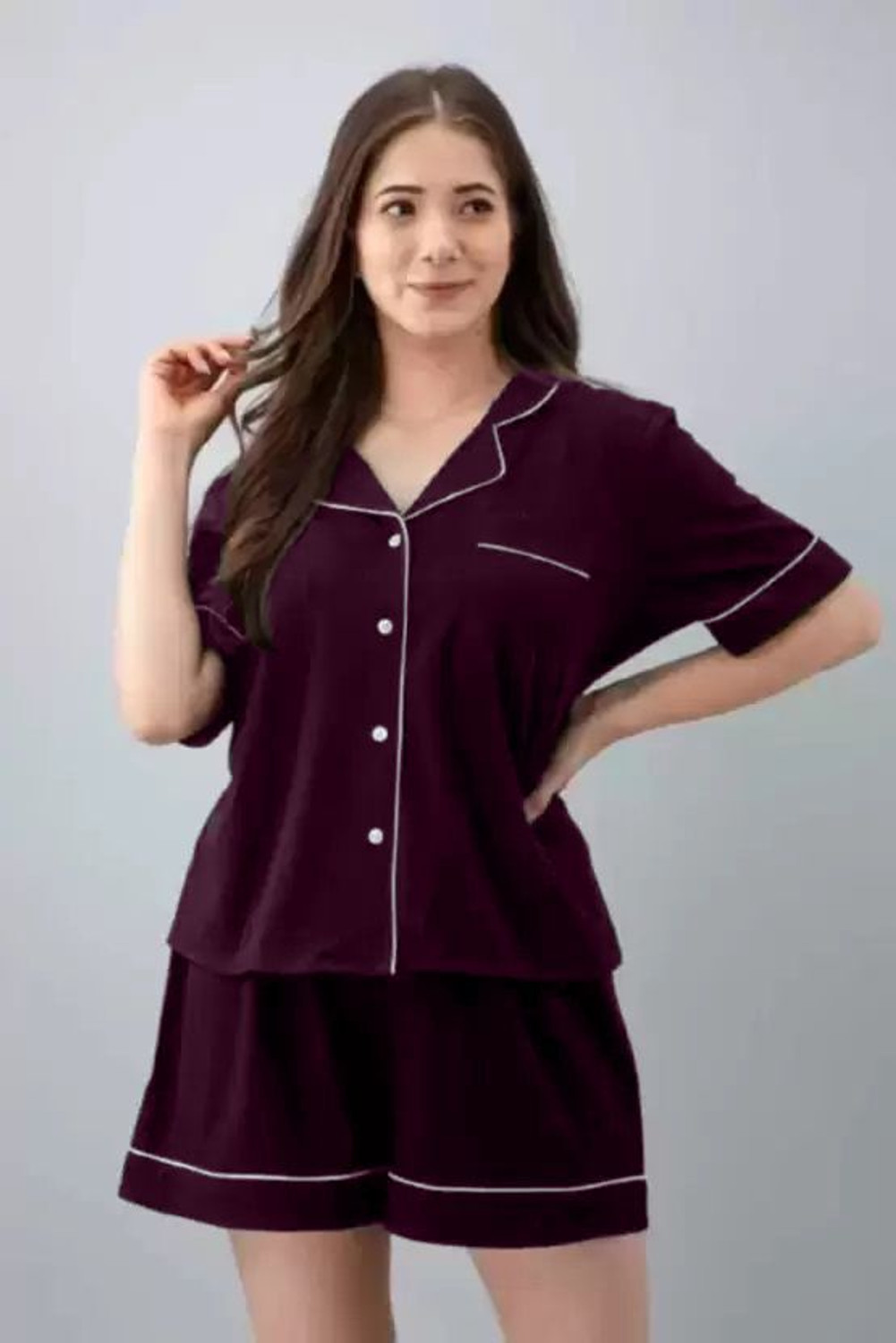 Image of FLORESA Women Printed Maroon Night Suit Set