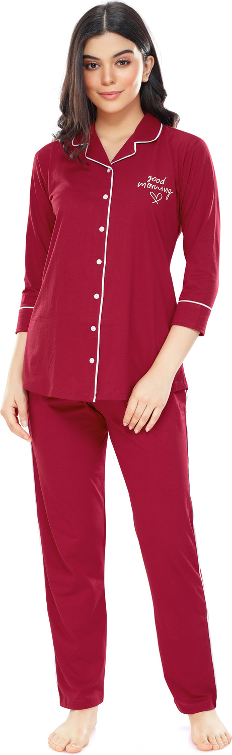 Image of ZEYO Women Solid Red Shirt & Pyjama set
