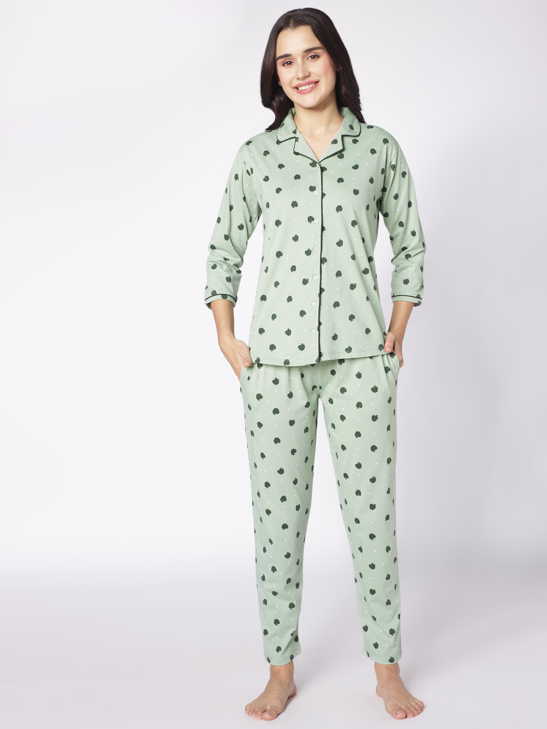 Image of Beebelle Women Printed Green Shirt & Pyjama set