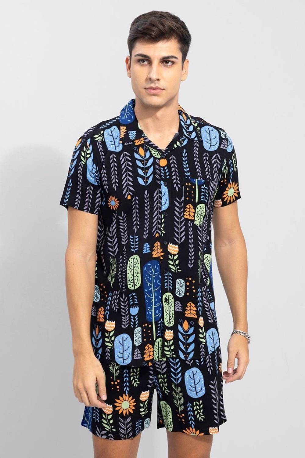 ALIJA FASHION Men Printed Black, Blue Night Suit Set