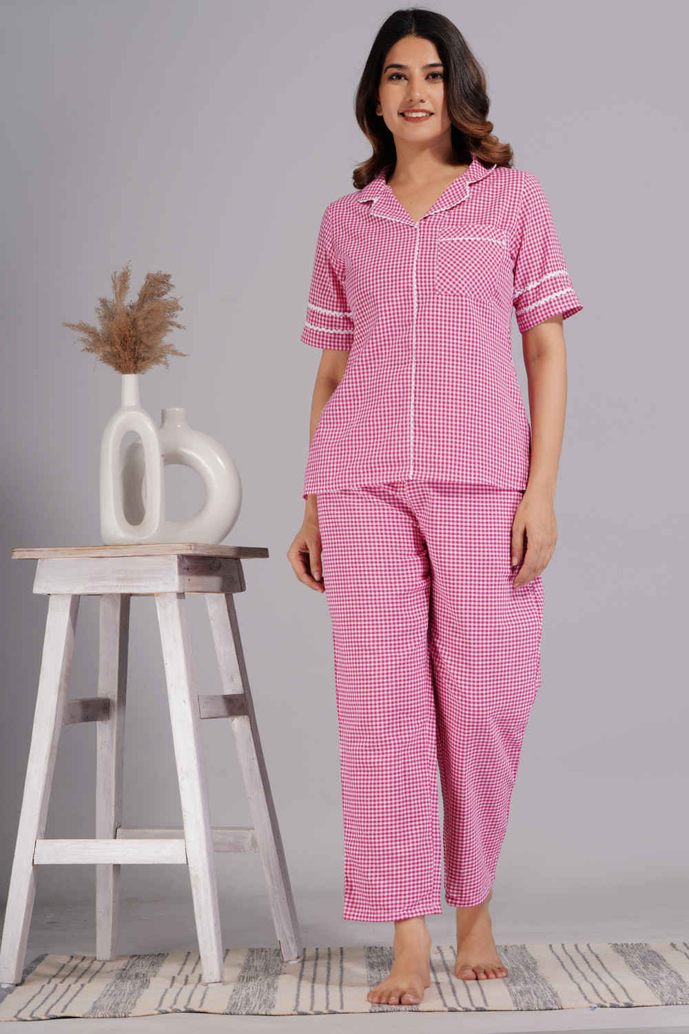 Image of Ameerah Women Checkered Pink Shirt & Pyjama set