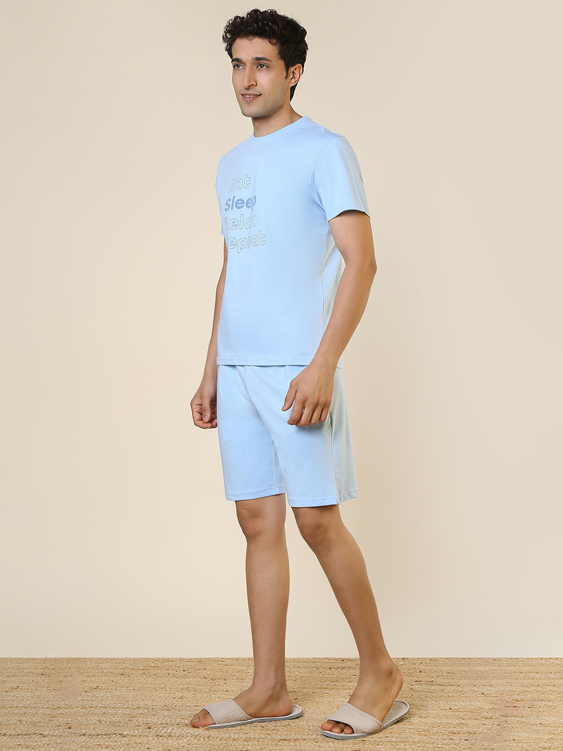 Image of SLEEPZ BY RAYMOND Men Self Design Blue Top & Shorts Set