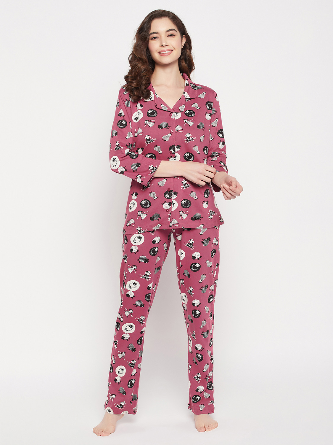 Image of Clovia Women Printed Purple Top & Pyjama Set